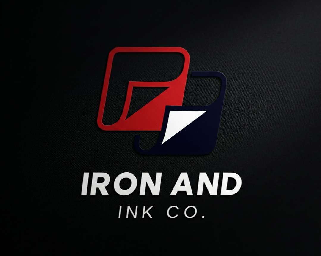 Logo of Iron and Ink Co., featuring a red and navy blue square with a paper sheet icon, set against a dark background.