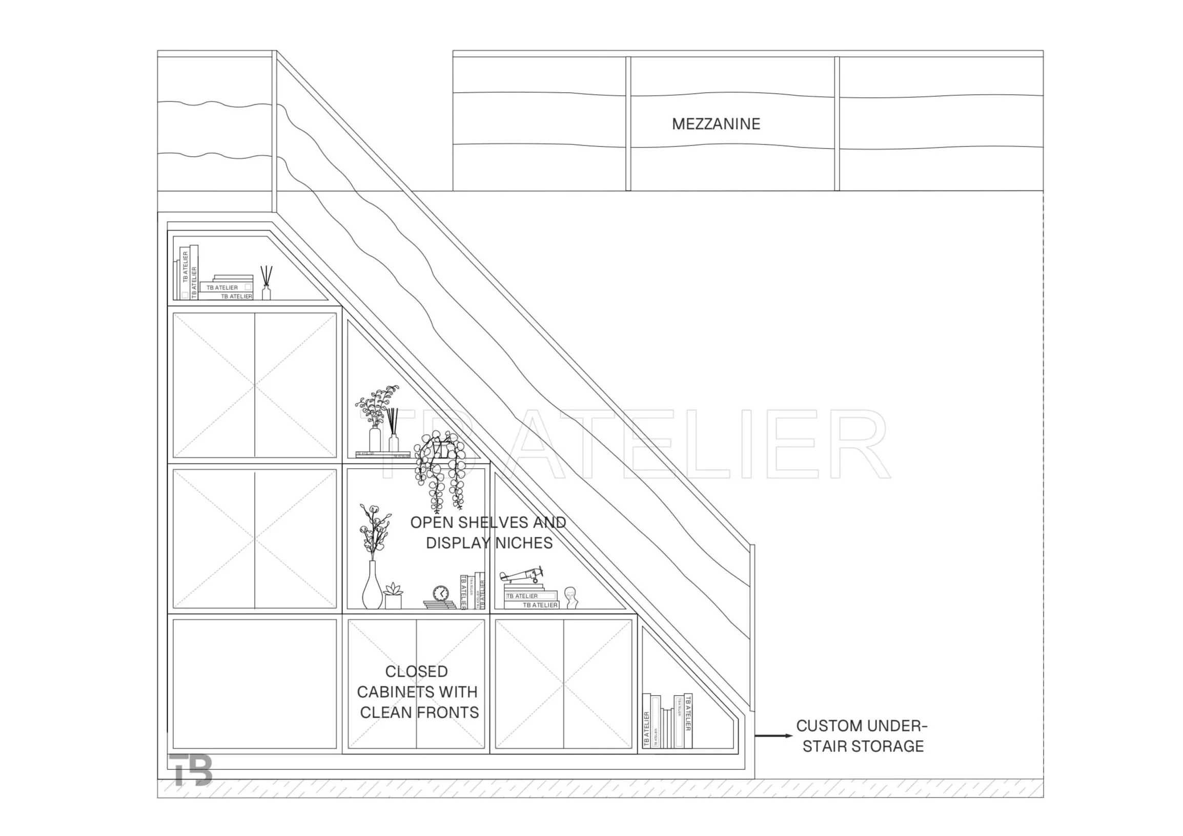 Technical drawing of custom built-in storage beneath a staircase, combining closed cabinets, open shelving, and access to the mezzanine.