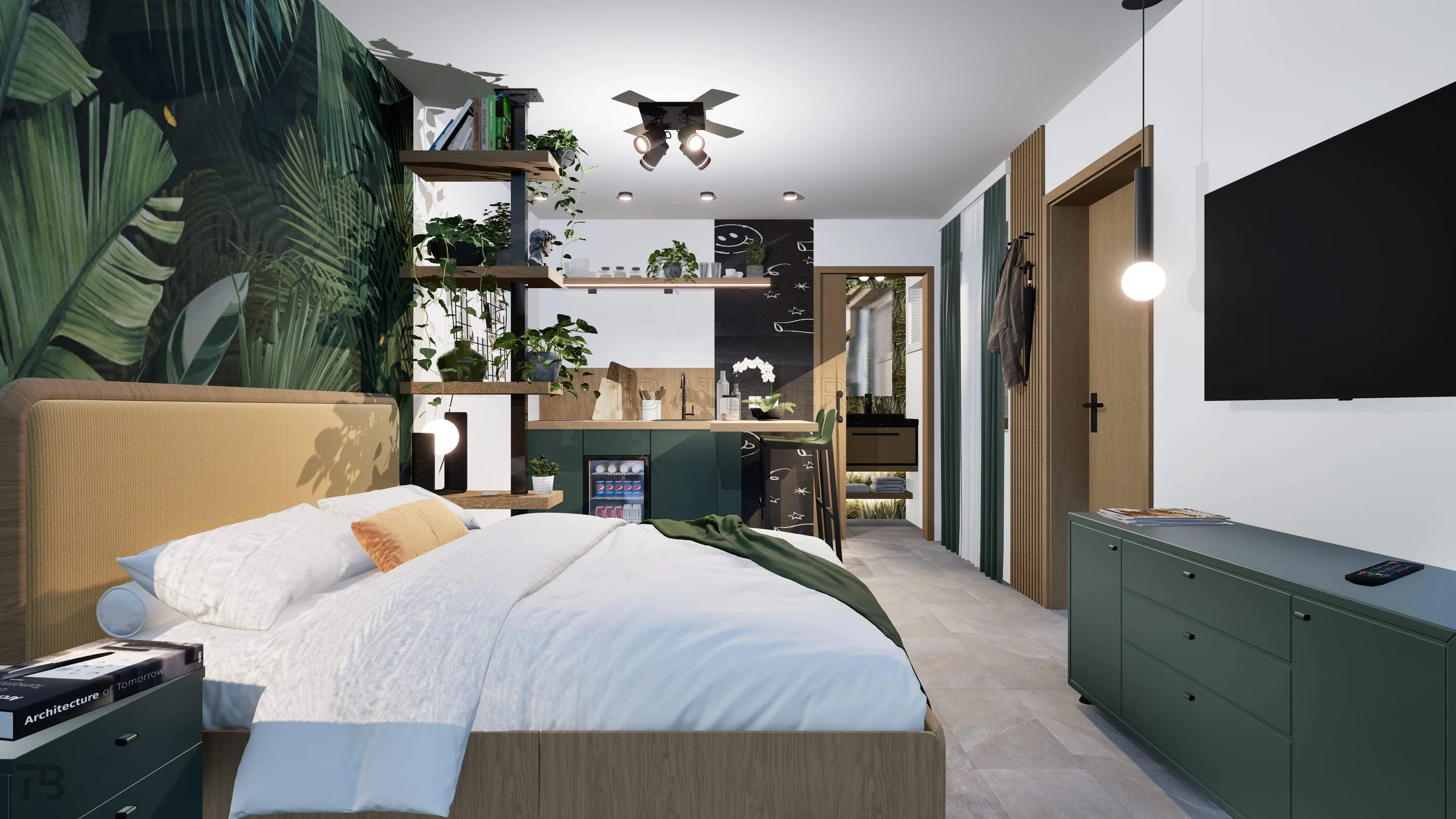 Small studio apartment under 20m2 featuring open shelving room divider clever layout design and botanical wallpaper project by TB Atelier