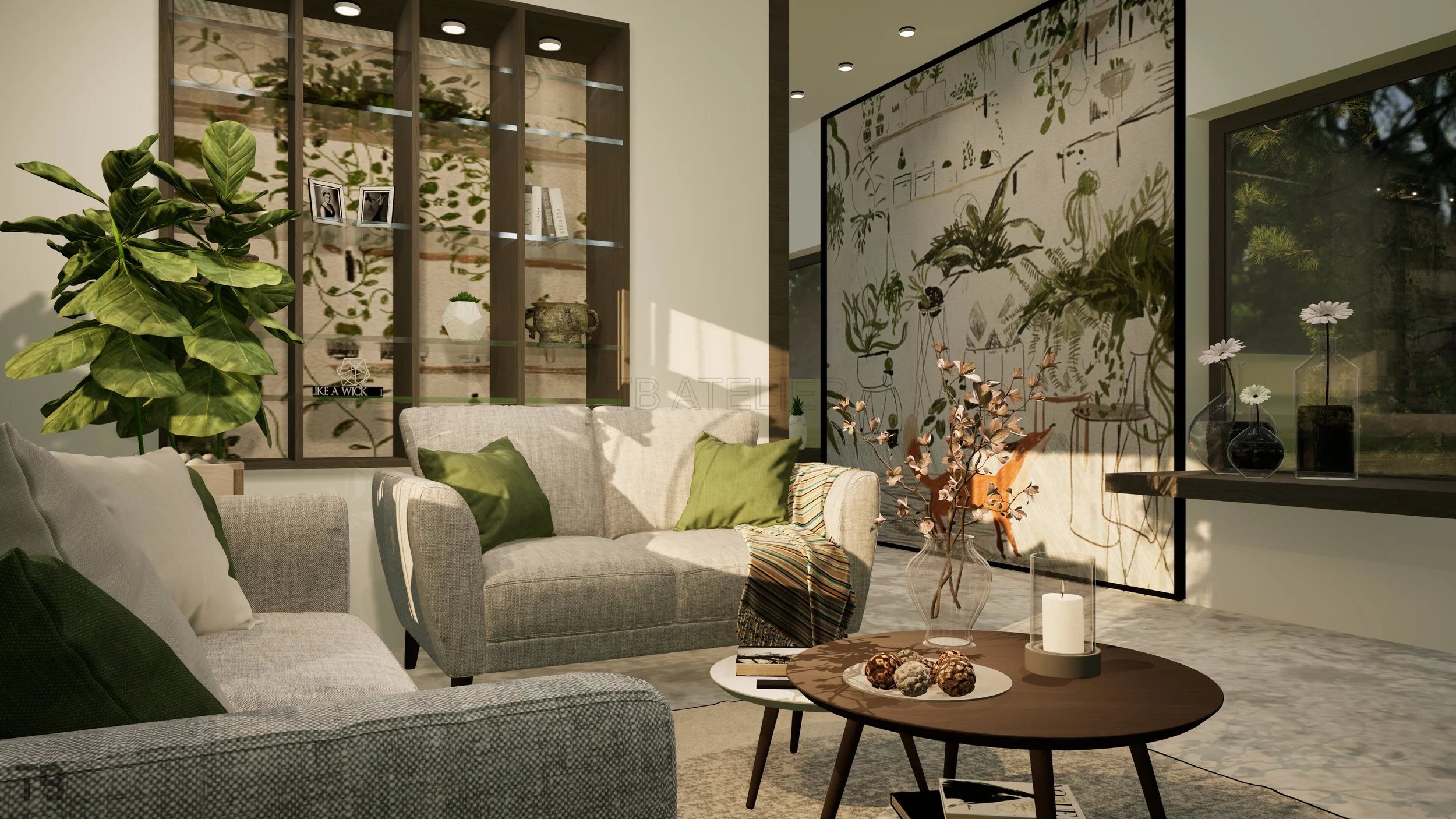 Modern living room with beige couches, green pillows, a coffee table with decorative balls and candles, large plants, a glass cabinet, and botanical artwork on the wall, illuminated by natural light through a window.