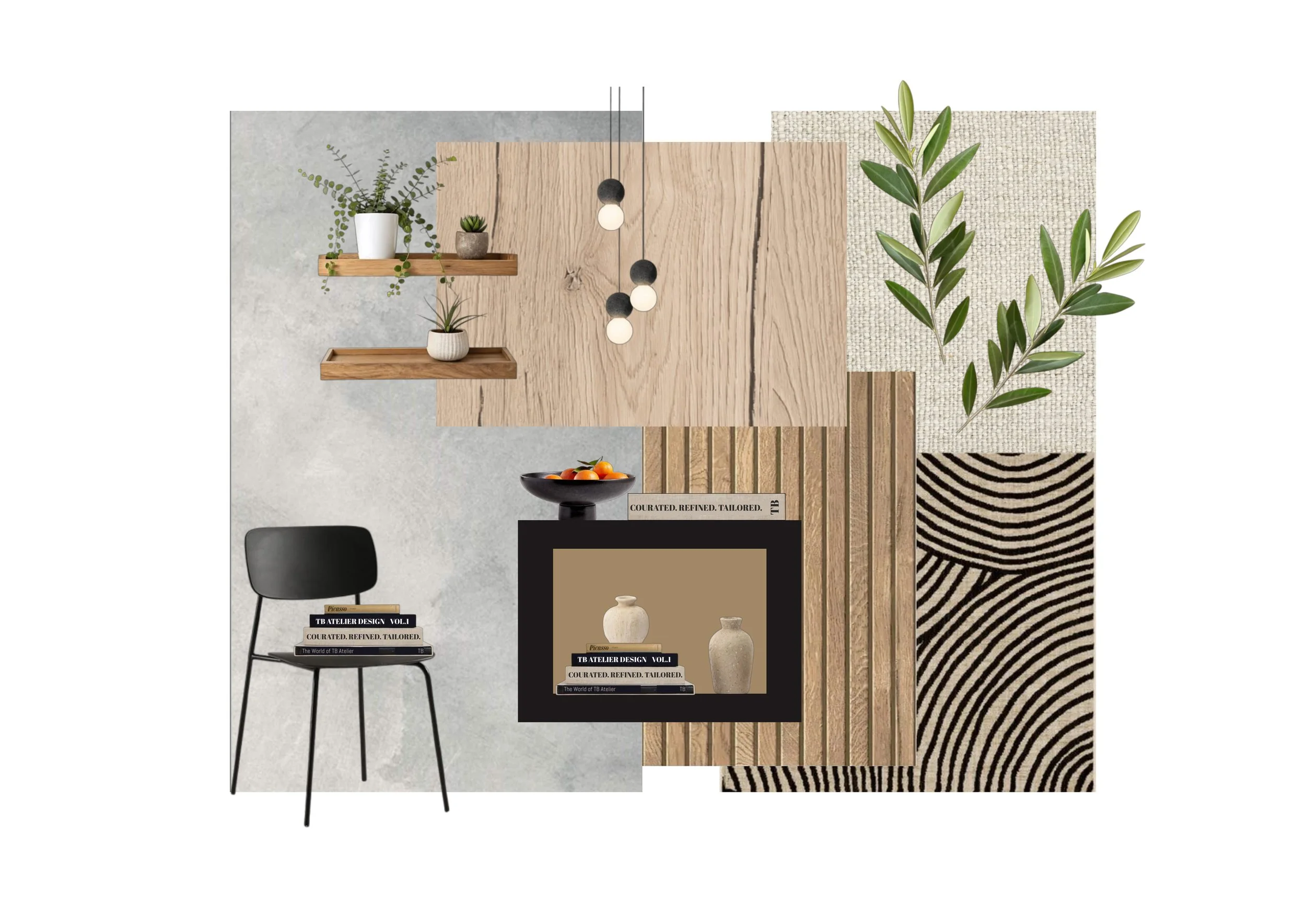 Interior design material moodboard featuring warm wood tones, organic textures, slatted wall panels, and neutral palette by TB Atelier