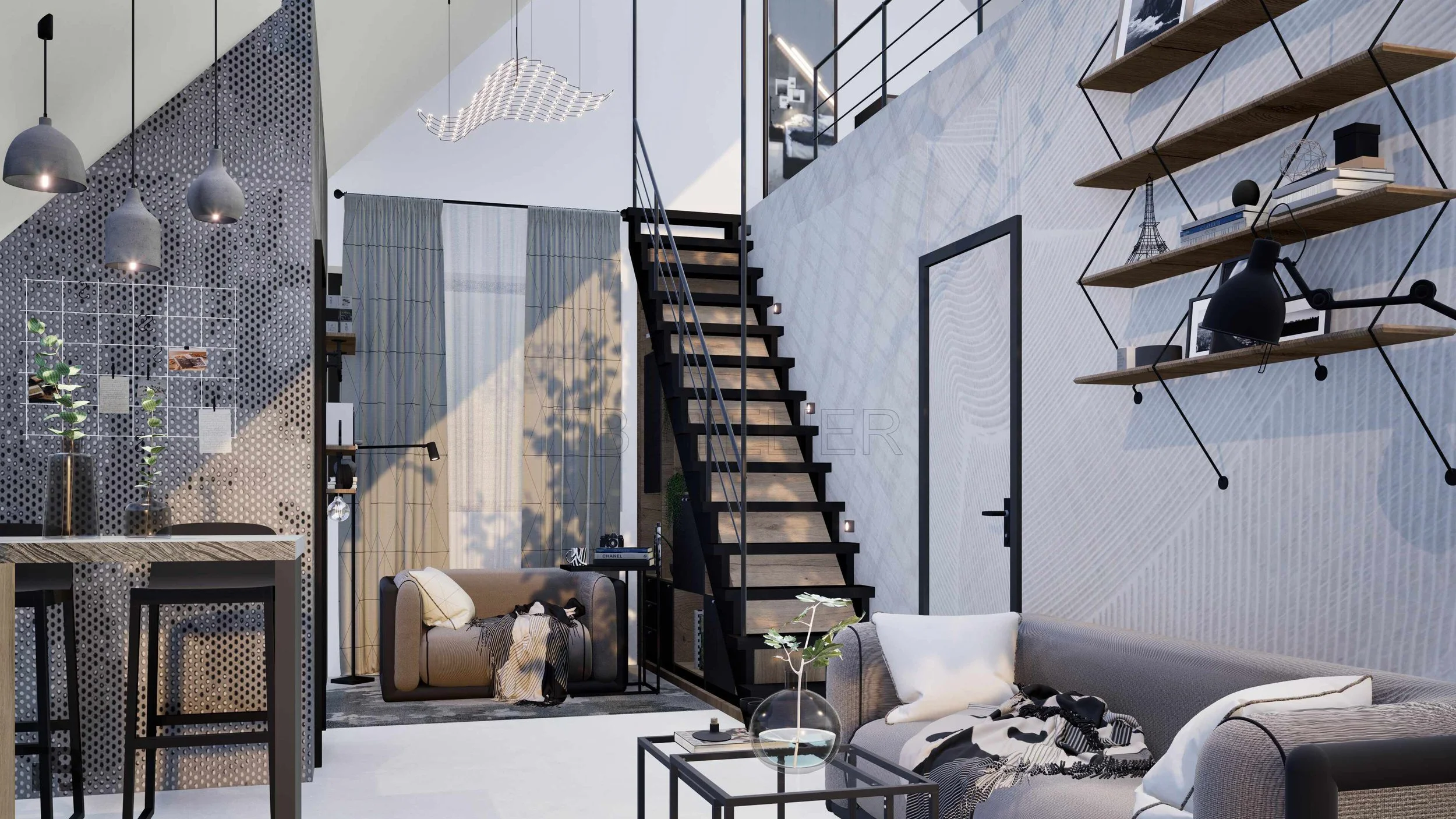 Modern attic interior featuring a mezzanine level, black metal staircase, open living room with a sofa, wall shelving, and pendant lighting. Interior design by TB Atelier.