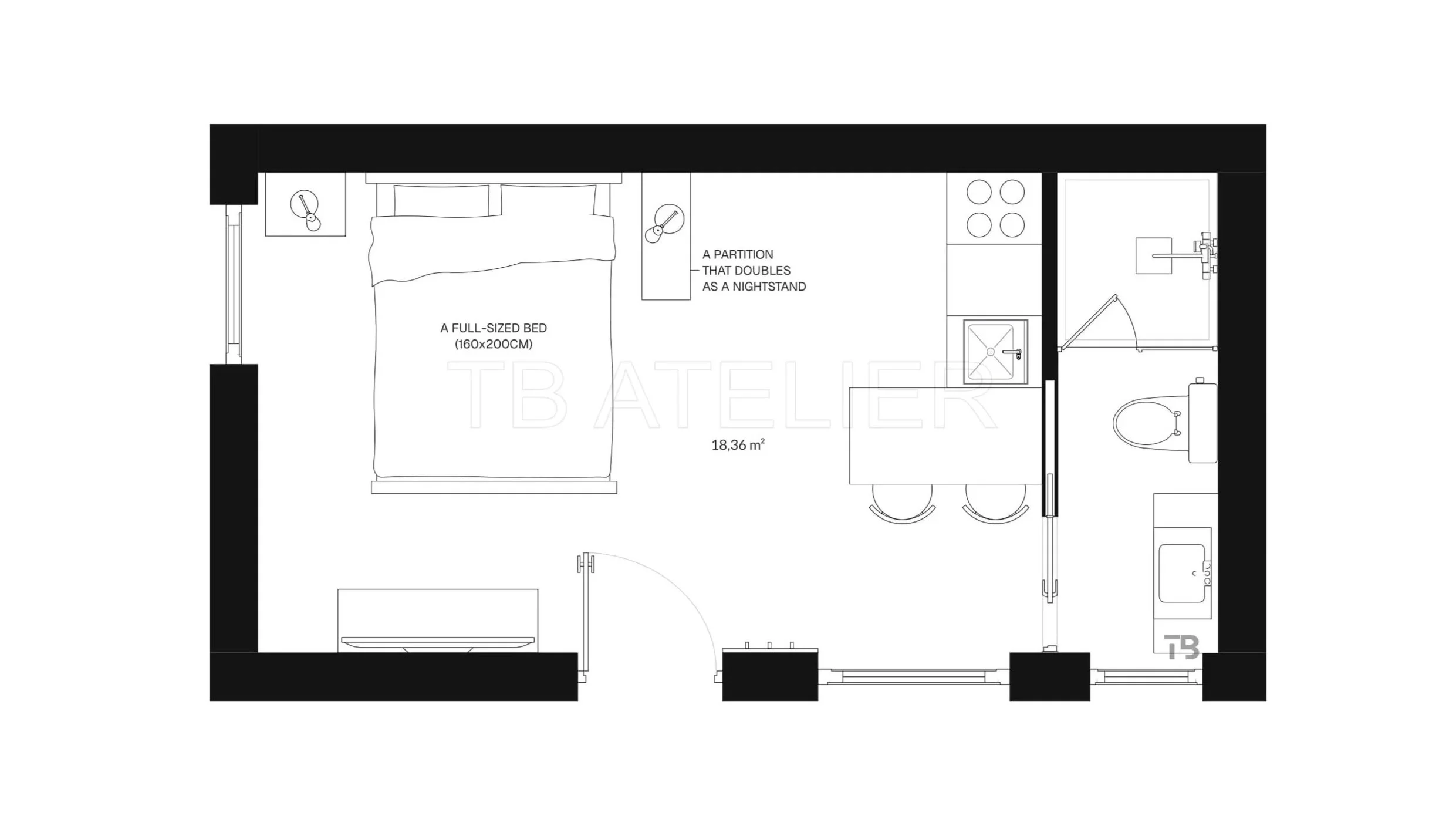 Floor plan layout of an 18 sqm micro apartment studio designed by TB Atelier Croatia