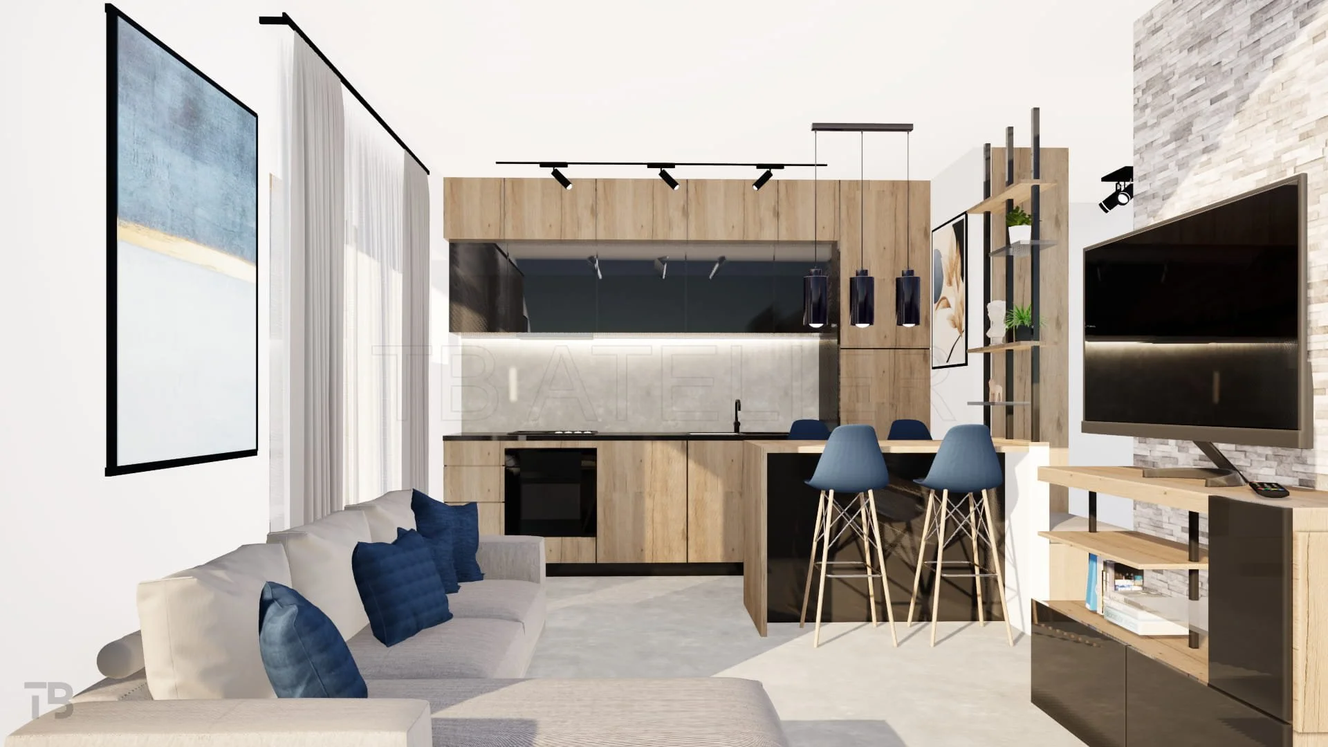 Open-plan kitchen and living room with custom folding bar - TB Atelier Zadar