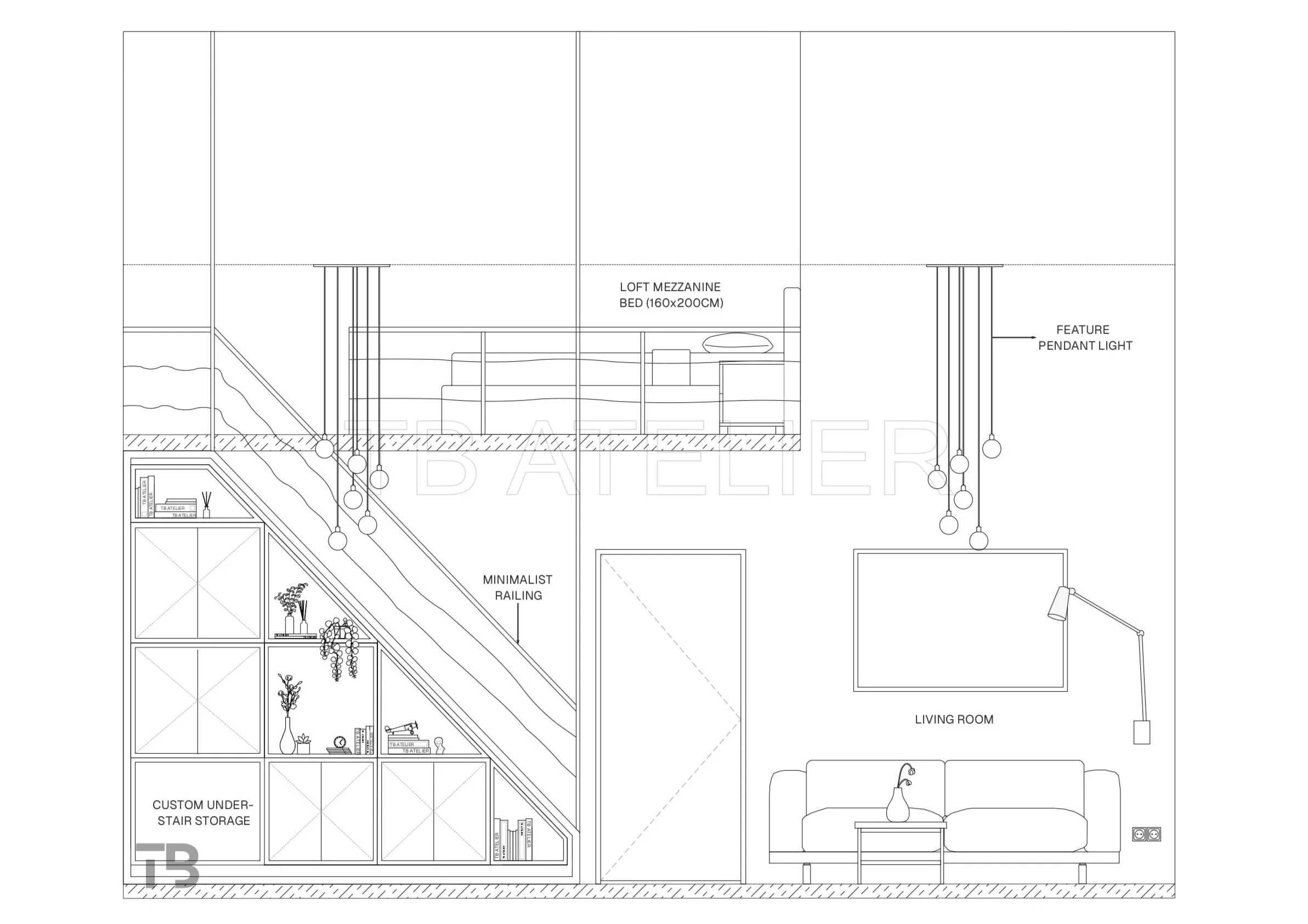 Architectural interior elevation and technical sketch of an attic showing a loft mezzanine bed, custom under-stair storage, minimalist railing, and feature pendant lights. Interior design by TB atelier Croatia.