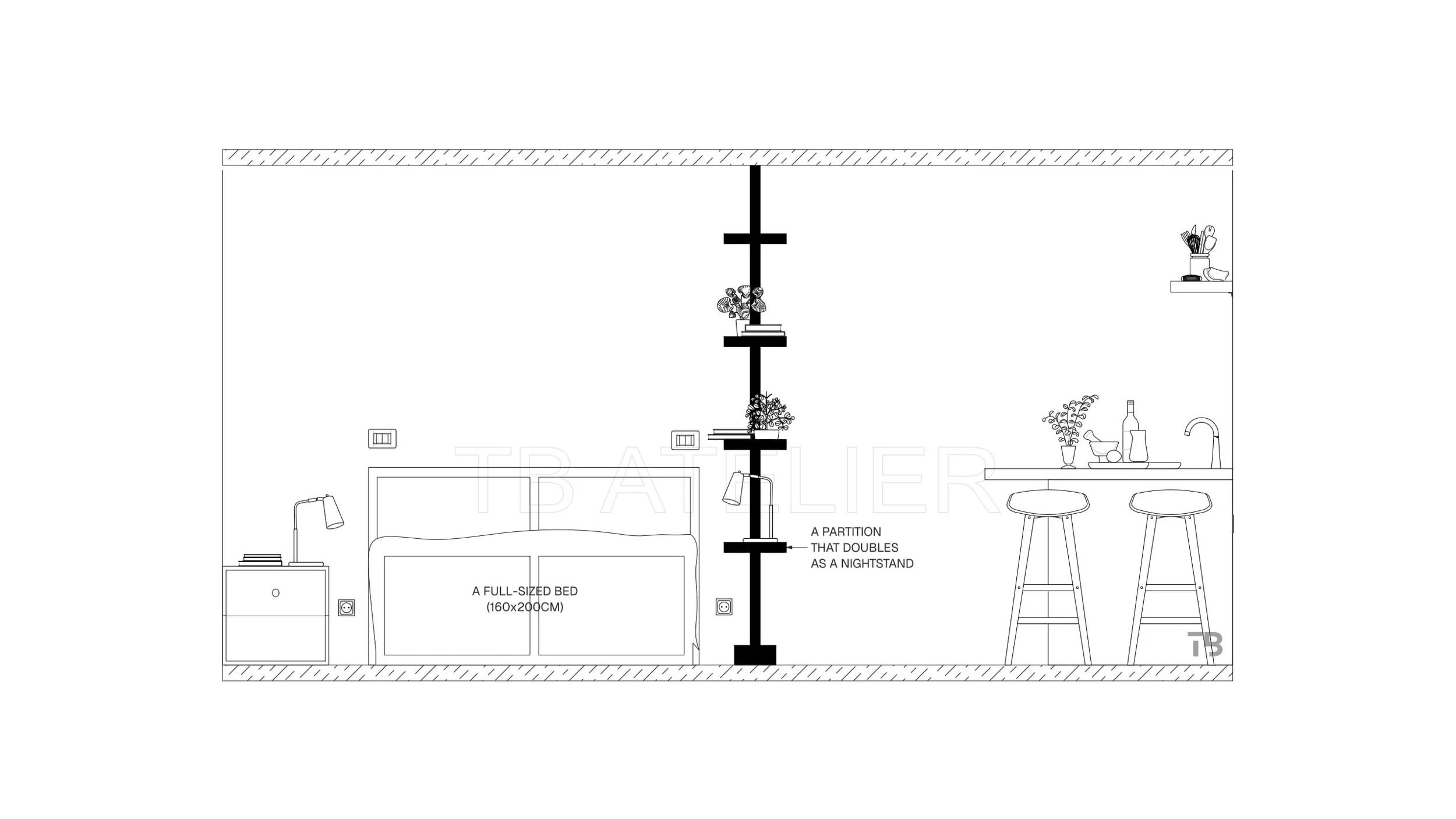 Architectural section elevation showing furniture scale and vertical partition in an 18 sqm micro apartment by TB Atelier Croatia