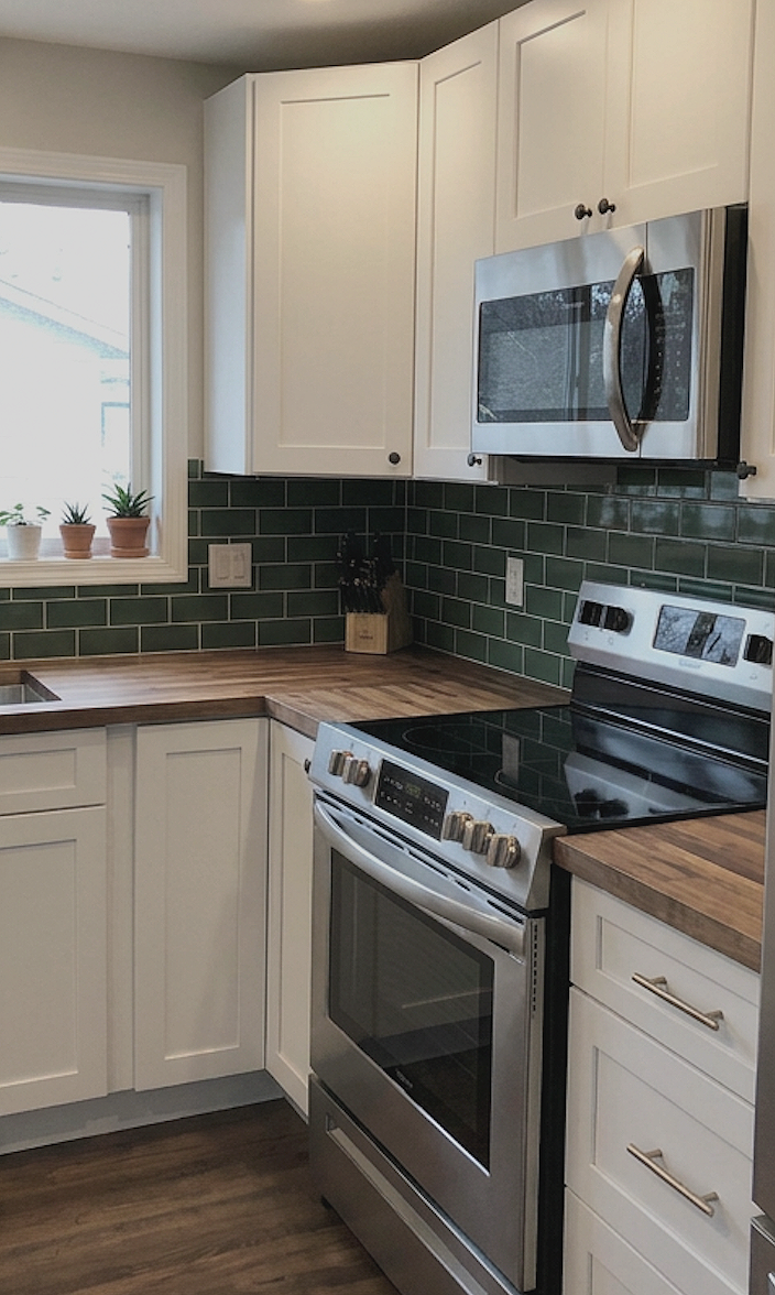 Kitchen with white cabinets, green tile backsplash, wooden countertop, stainless steel stove and microwave, window with three small potted plants.