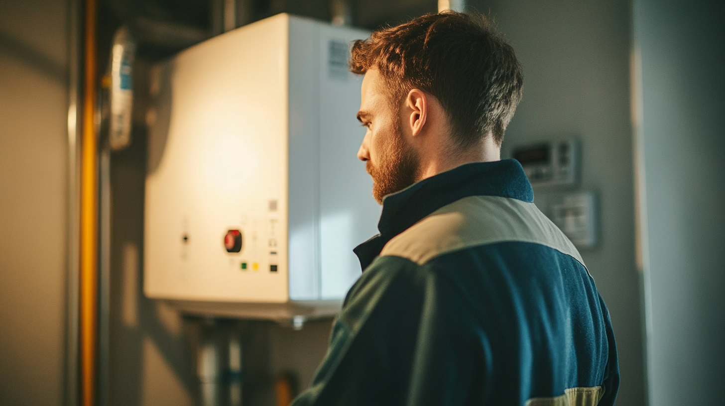 A man with brown hair and a beard wearing a dark work jacket, standing and looking at an electrical control panel on a wall in a utility room.