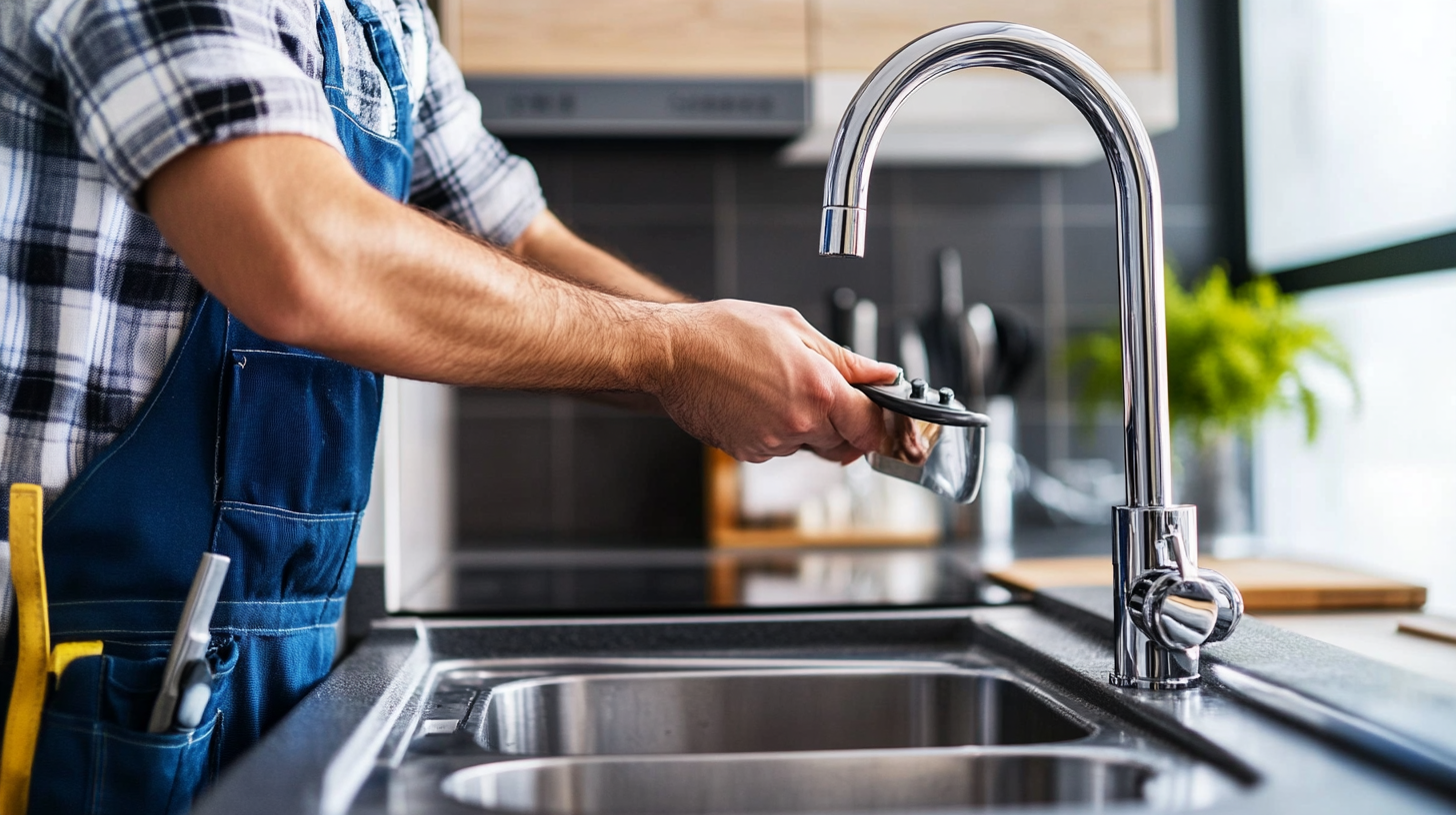 A person in a blue apron washing a kitchen utensil under a modern kitchen faucet.