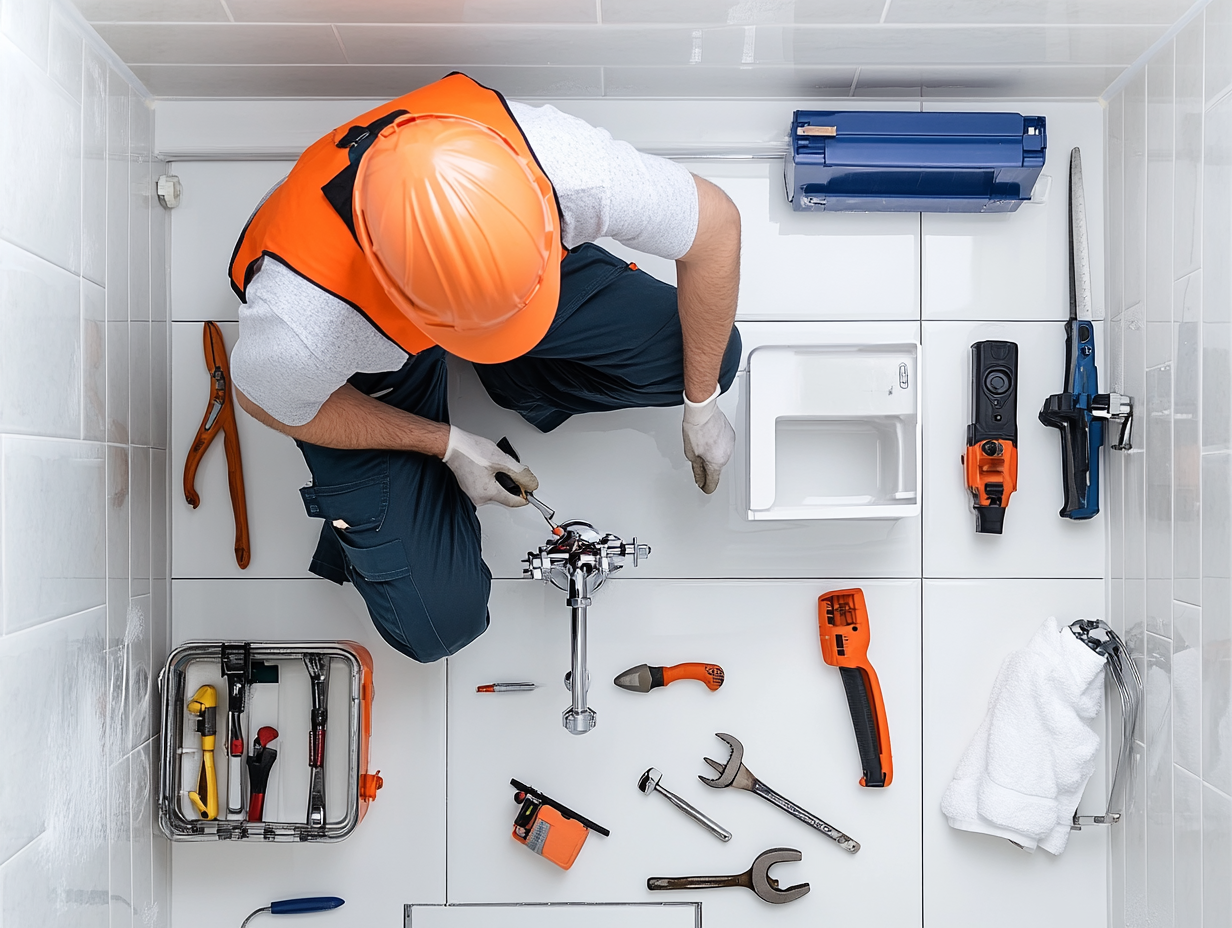 A worker wearing an orange safety helmet and safety vest installing plumbing under a sink in a bathroom. Tools and equipment, including a wrench, screwdriver, level, and towels, are arranged around him.