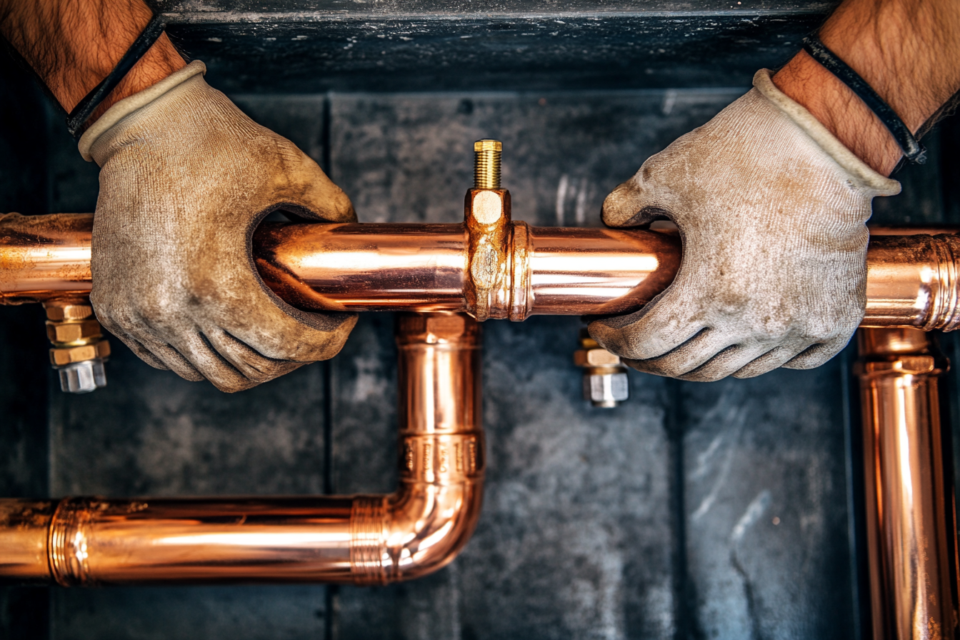 A person wearing work gloves installing copper plumbing pipes together.
