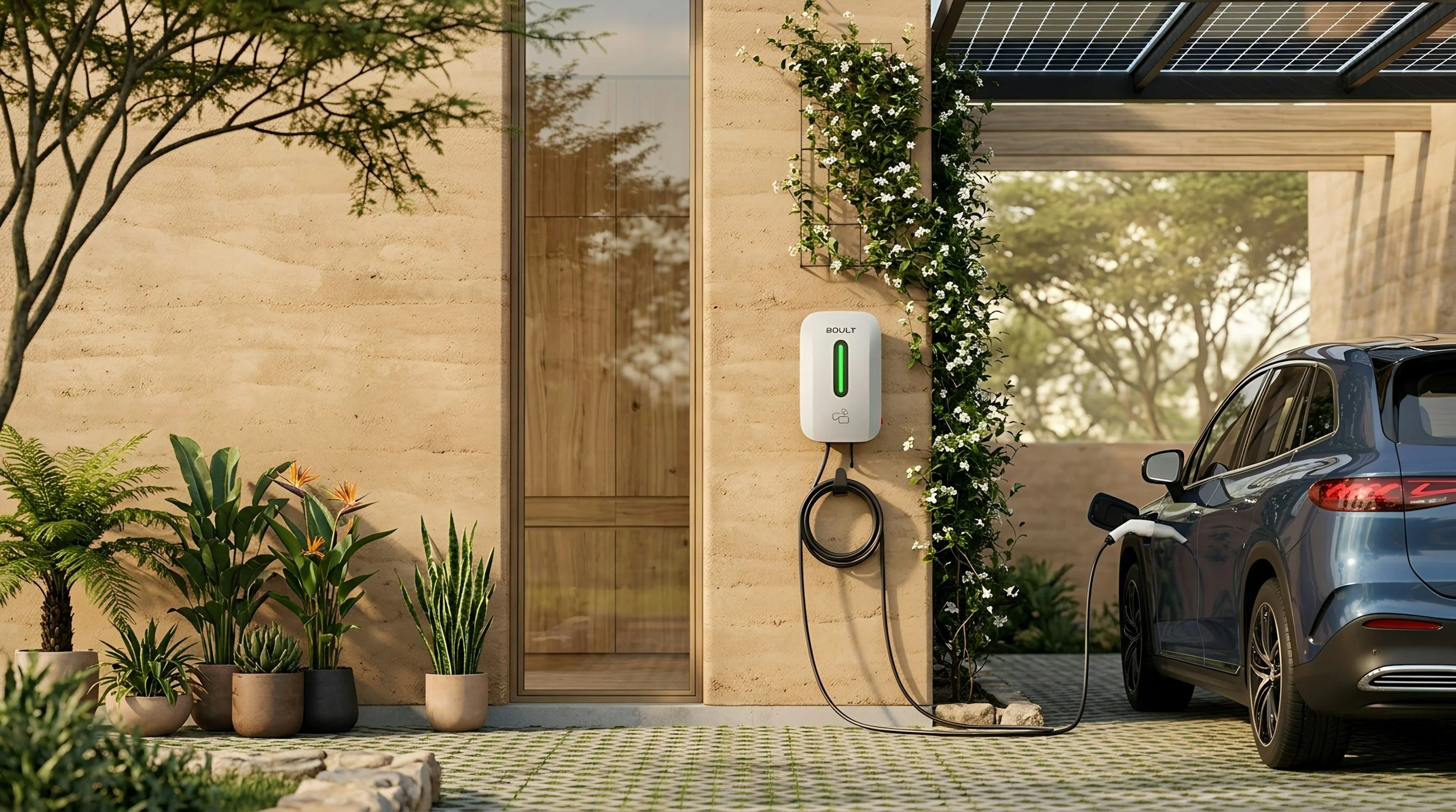 Electric vehicle charging station connected to a modern house with greenery and potted plants in the foreground and a parked electric car connected to the charger.