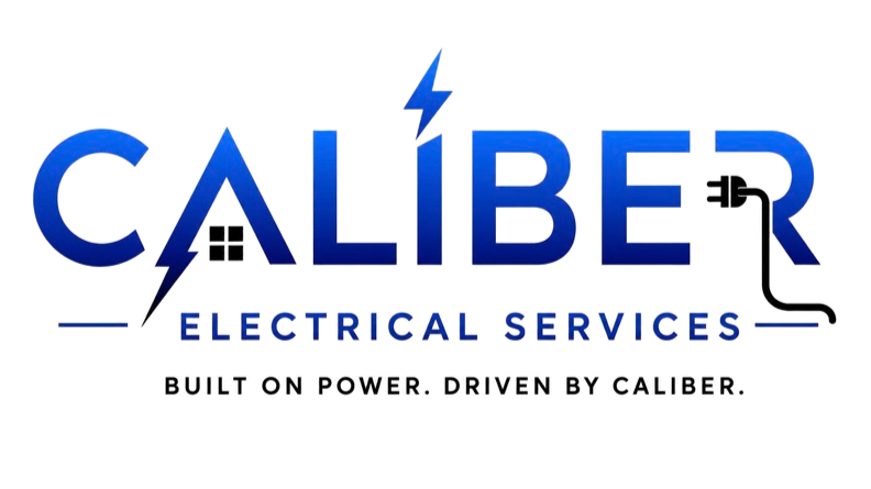 Logo for Caliber Electrical Services with a blue lightning bolt through the text and the tagline 'Power on, Power Driven by Caliber'.