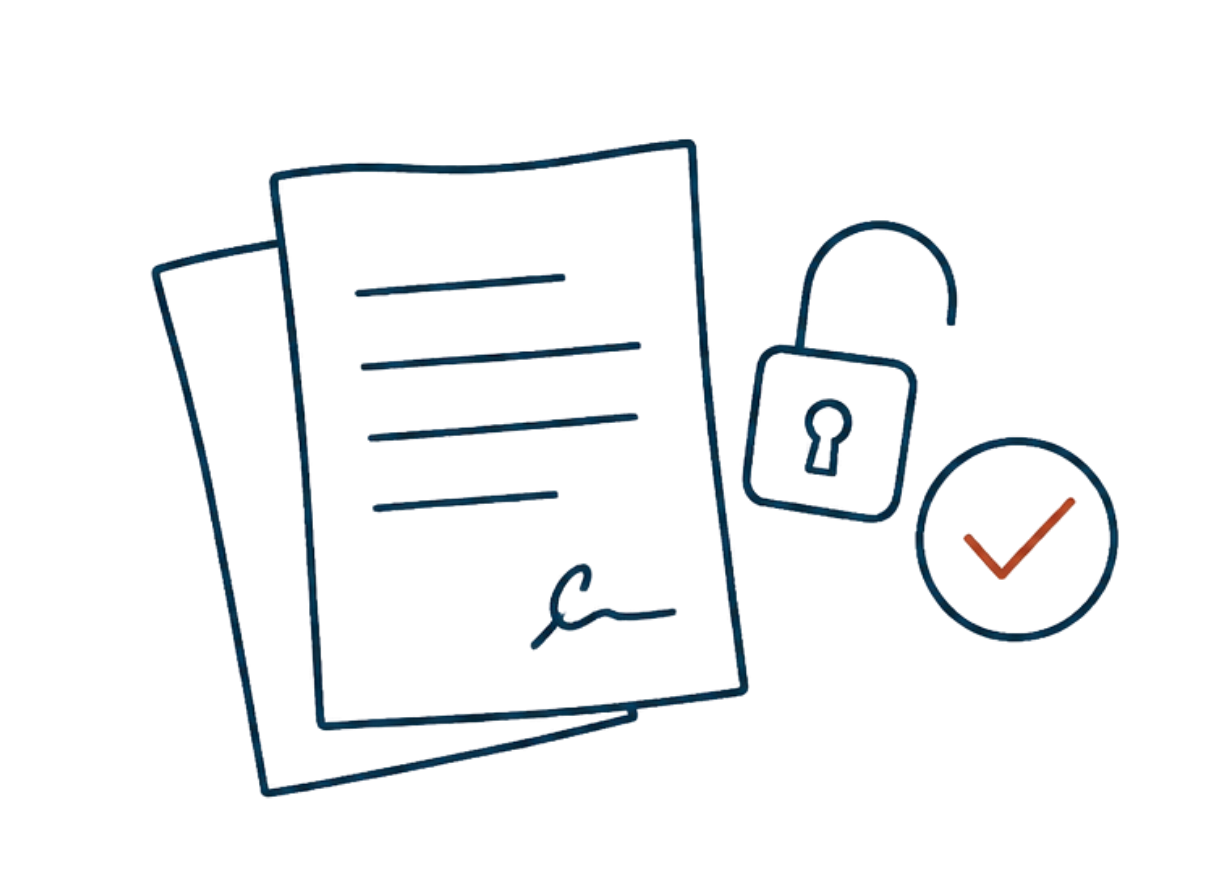 Digital illustration of a document with a lock icon and a checkmark, symbolizing security or approval.