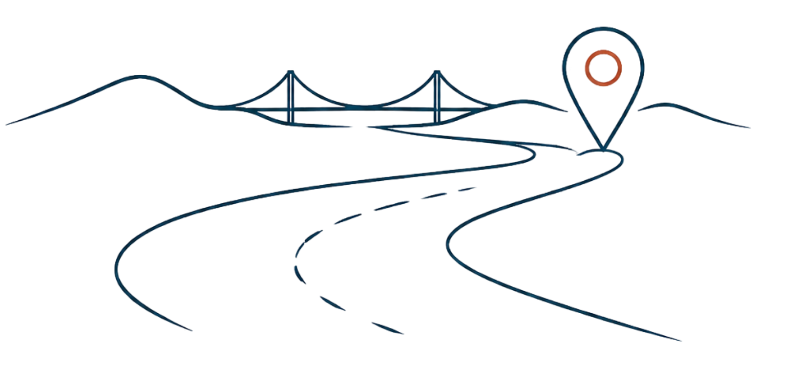 Illustration of a winding road leading to a bridge, with a location marker indicating a point of interest.