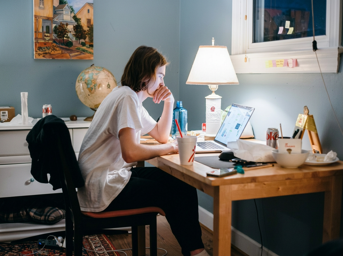 A woman sitting at a cluttered wooden desk with a laptop, soda cans, and various items, working or browsing in a cozy room illuminated by a desk lamp and a window.