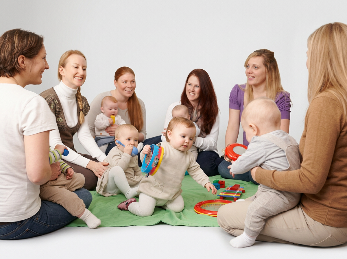Mother and several women with children sitting on a green mat playing with toys in a well-lit room.
