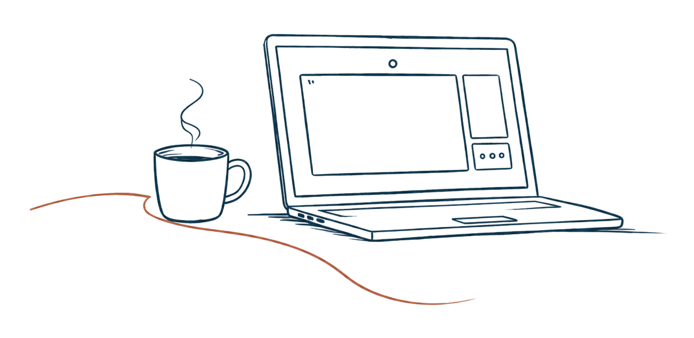 Outline drawing of a laptop computer, a steaming coffee mug, and a closed book on a table with a red tablecloth.