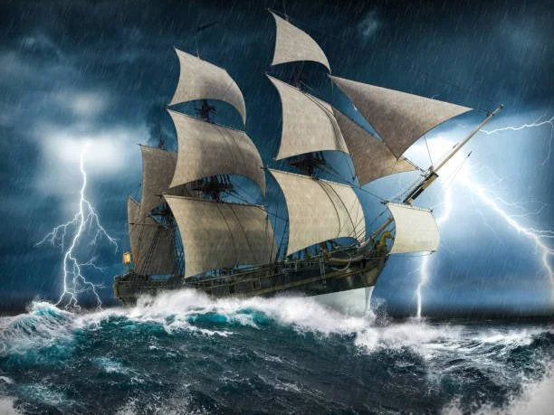 Boat in stormy seas with lightening