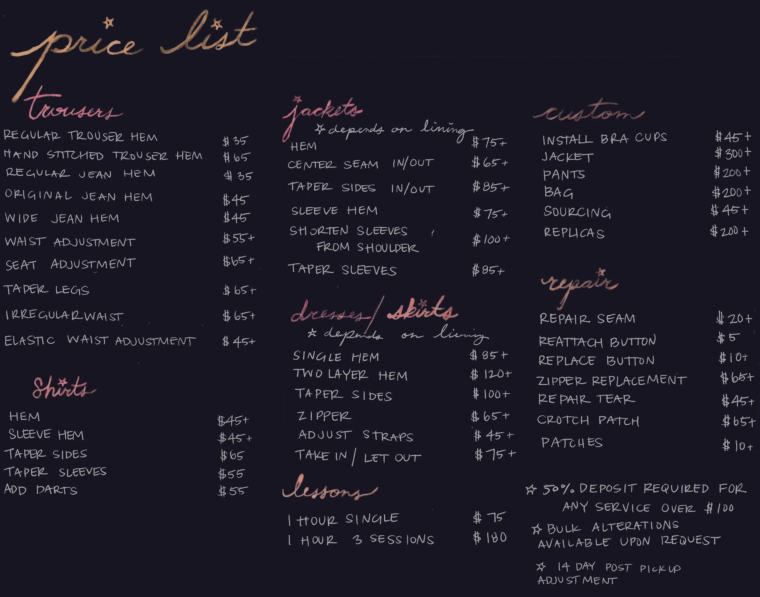 A chalkboard-style price list for a clothing store, detailing various trouser, jacket, and custom clothing options with prices, notes, and instructions written in white and pink chalk font on a black background.