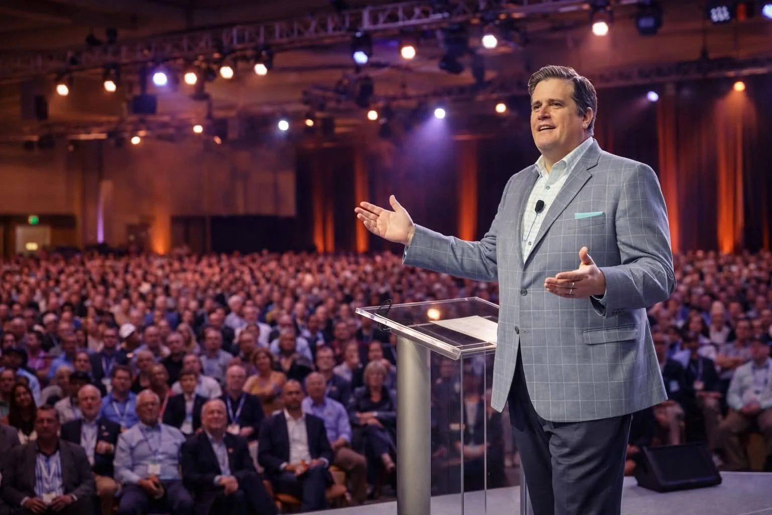 A man in a gray checkered suit gives a presentation on stage with a large audience in attendance.