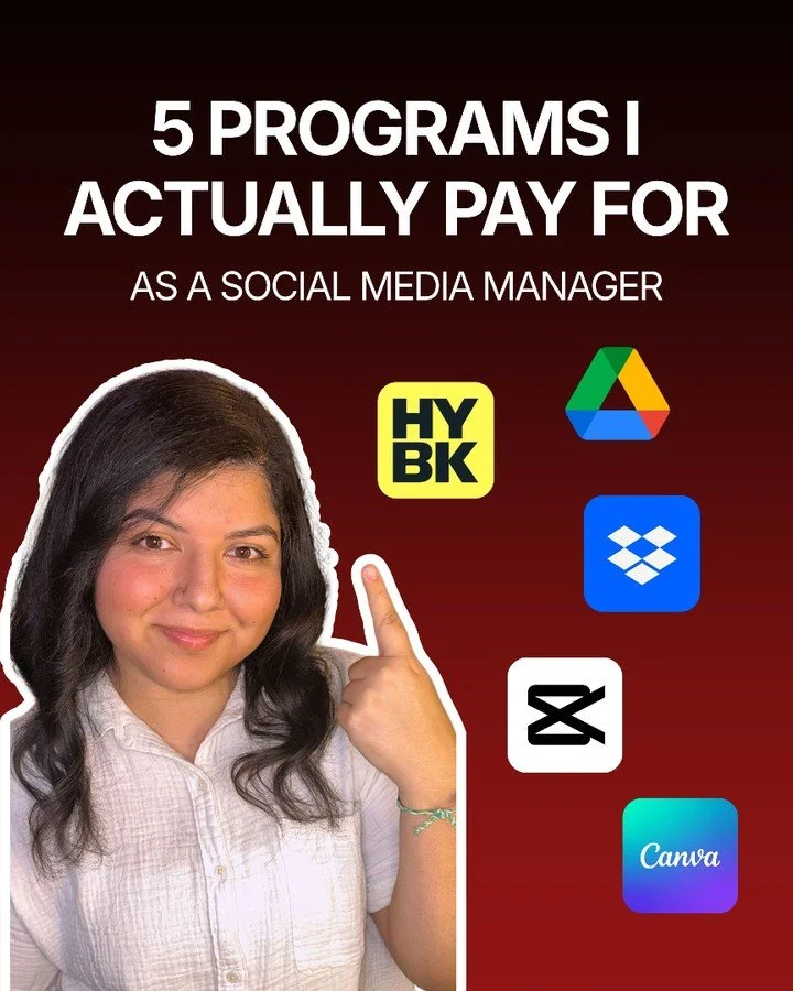 5 programs I actually pay for as a social media manager 👩🏻&zwj;💻
⭐ @honeybook : Contracts and invoices
⭐ @google Drive: File storage
⭐ @Canva Pro: Graphic design
⭐ @capcutapp : Video editing
⭐ @Dropbox : Collecting client content

It&rsquo;s taken