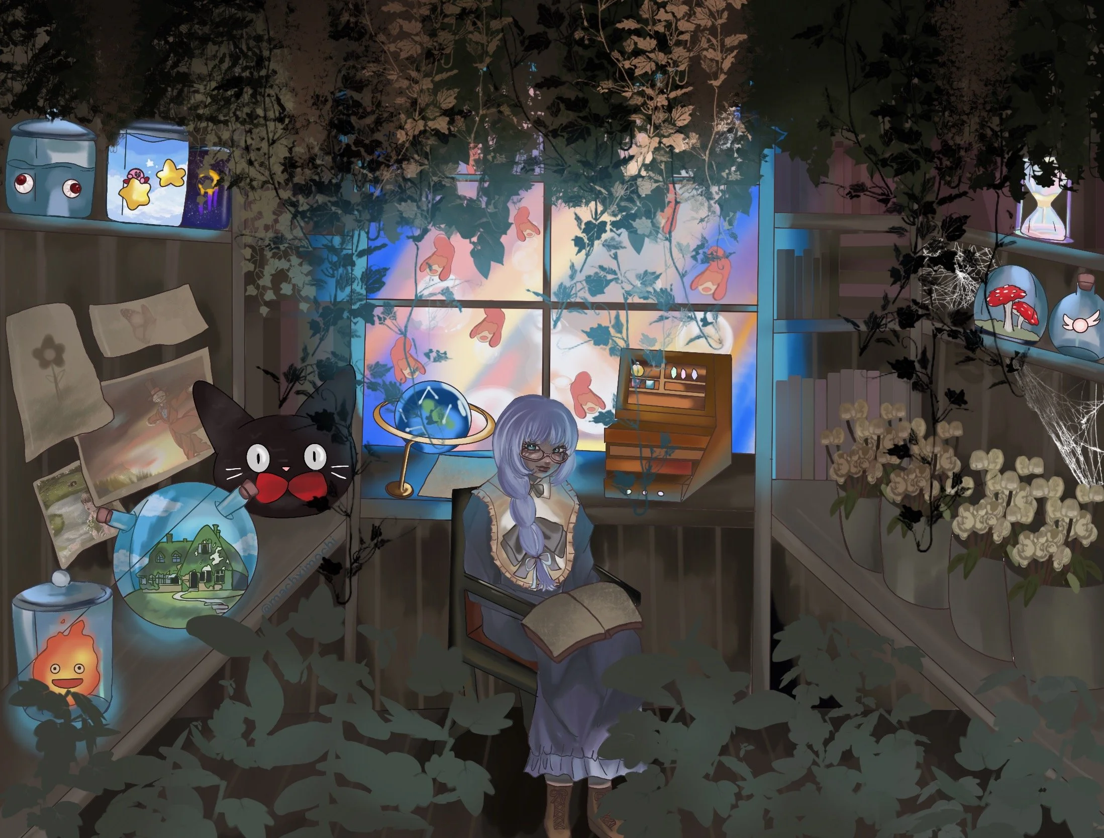 A cozy indoor scene with a large window showing an orange sunset and moon. The room has plants, shelves with decorative items, a globe, pillows, a book, and a character with glasses sitting at a desk. A black cat with a red bow is in the foreground, and a spider web is visible on the right side.