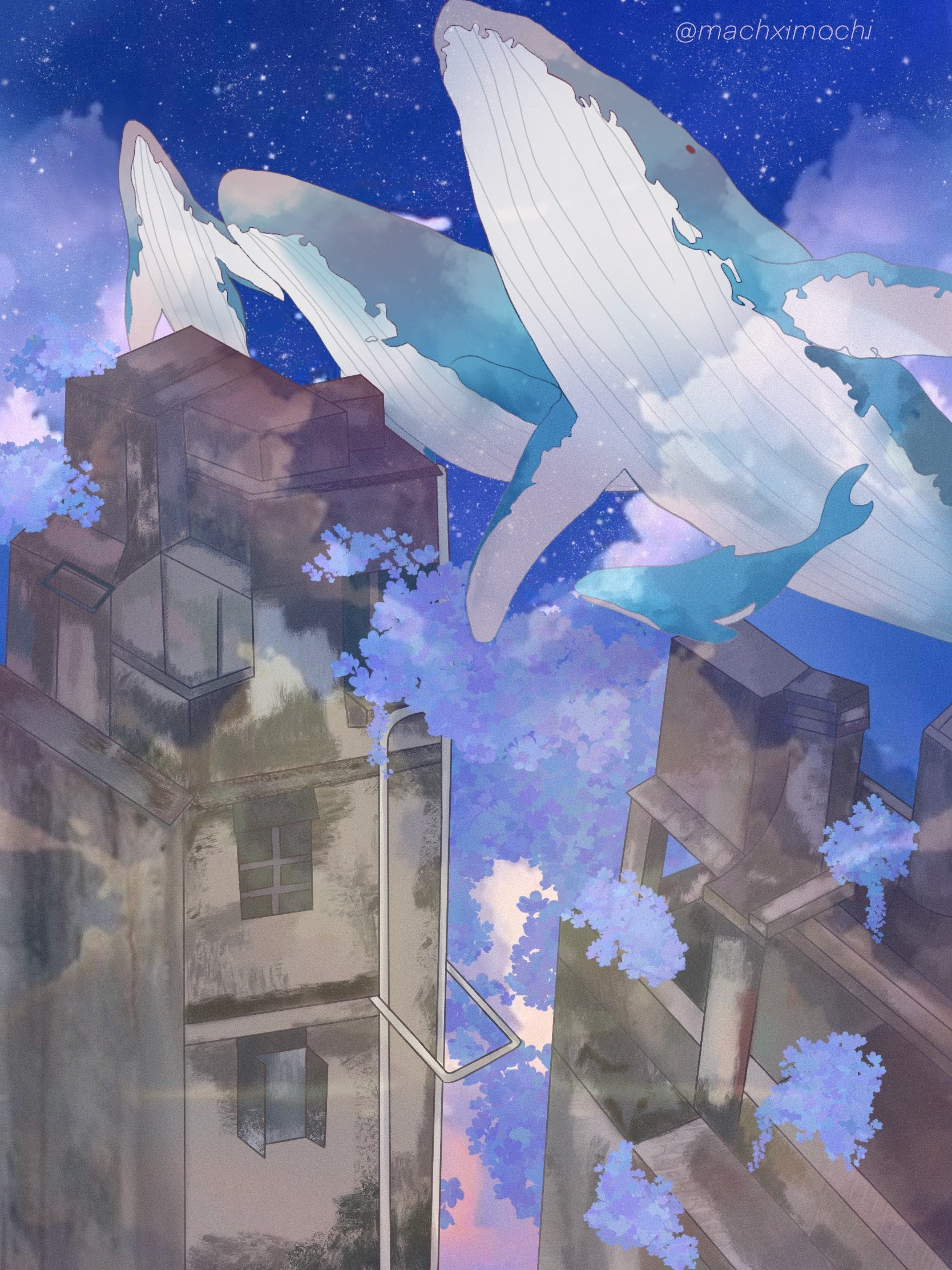 Illustration of a scene with two giant whales swimming in a starry sky filled with clouds, overlooking a cityscape with buildings and trees.