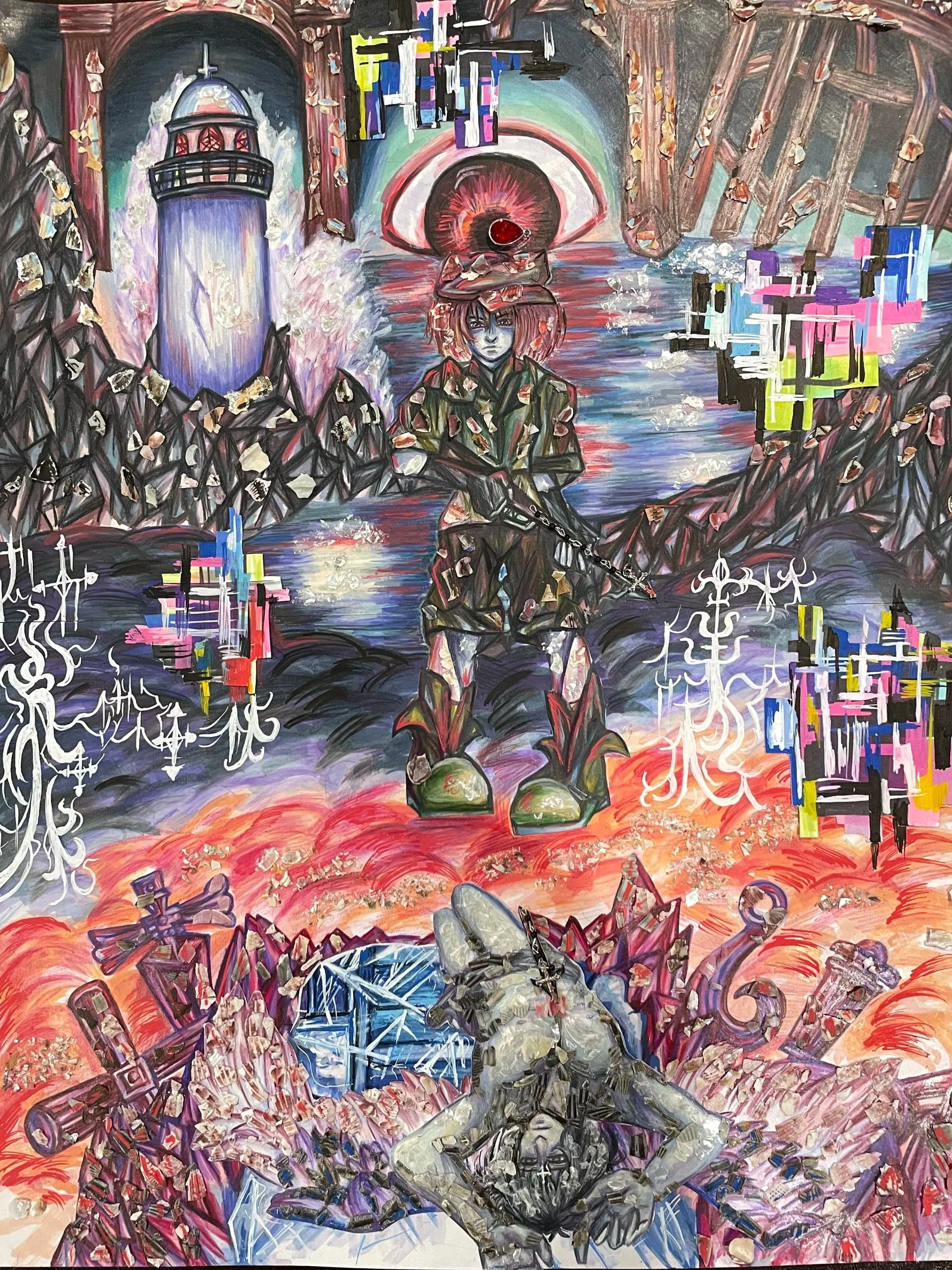 A colorful, abstract painting featuring a woman in a military uniform with a large eye above her head, a lighthouse in the background, and various geometric shapes and patterns throughout the scene.