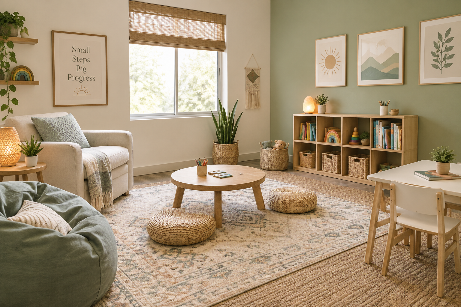 A cozy living room with a beige sofa, green bean bag, round wooden coffee table, woven poufs, and a light-colored wooden bookcase against a green accent wall with wall art. Large window with bamboo blinds, potted plants, and decorative items create a warm, inviting atmosphere.