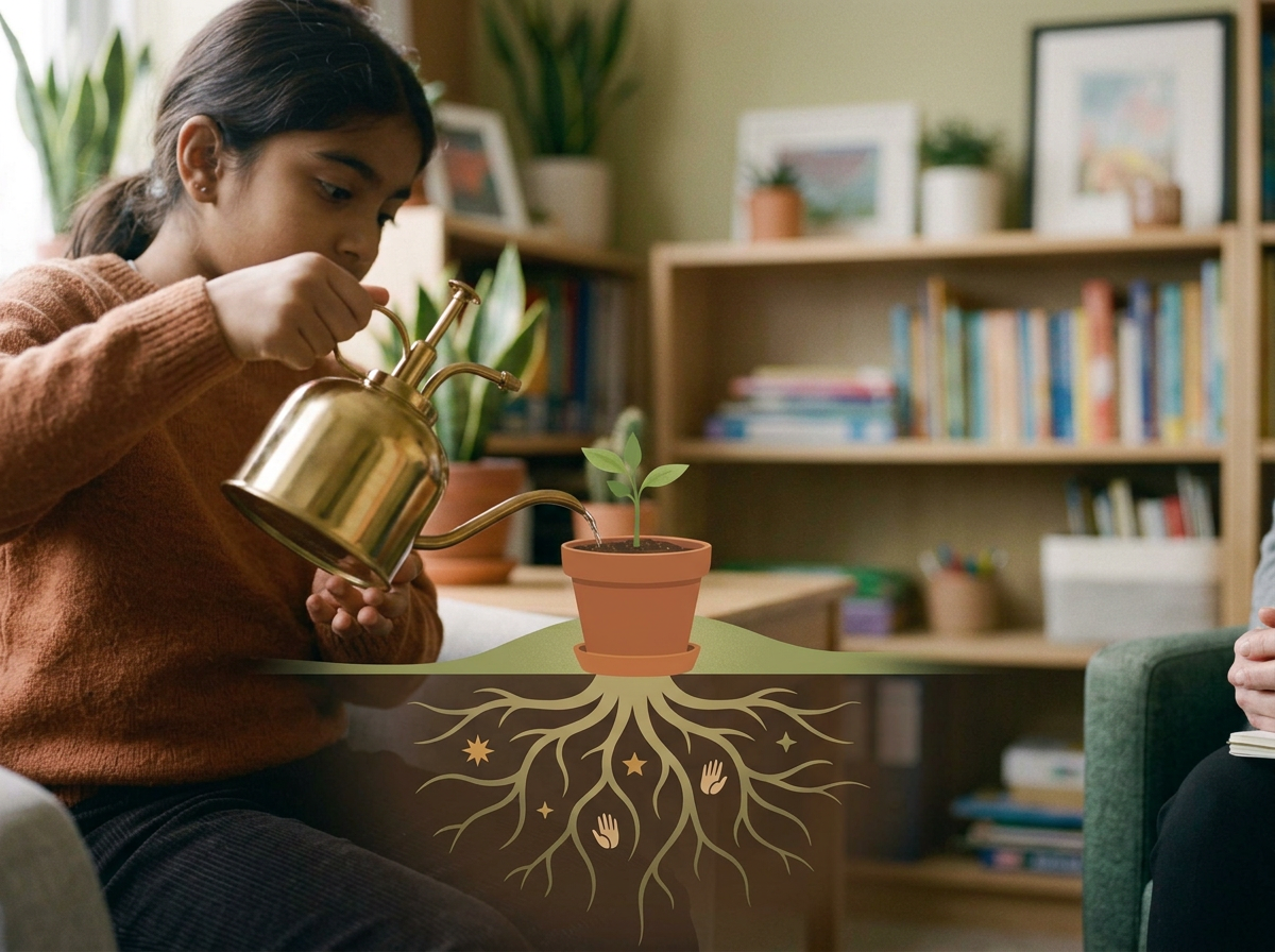 A girl watering a plant in a pot, with illustrated roots extending underground.