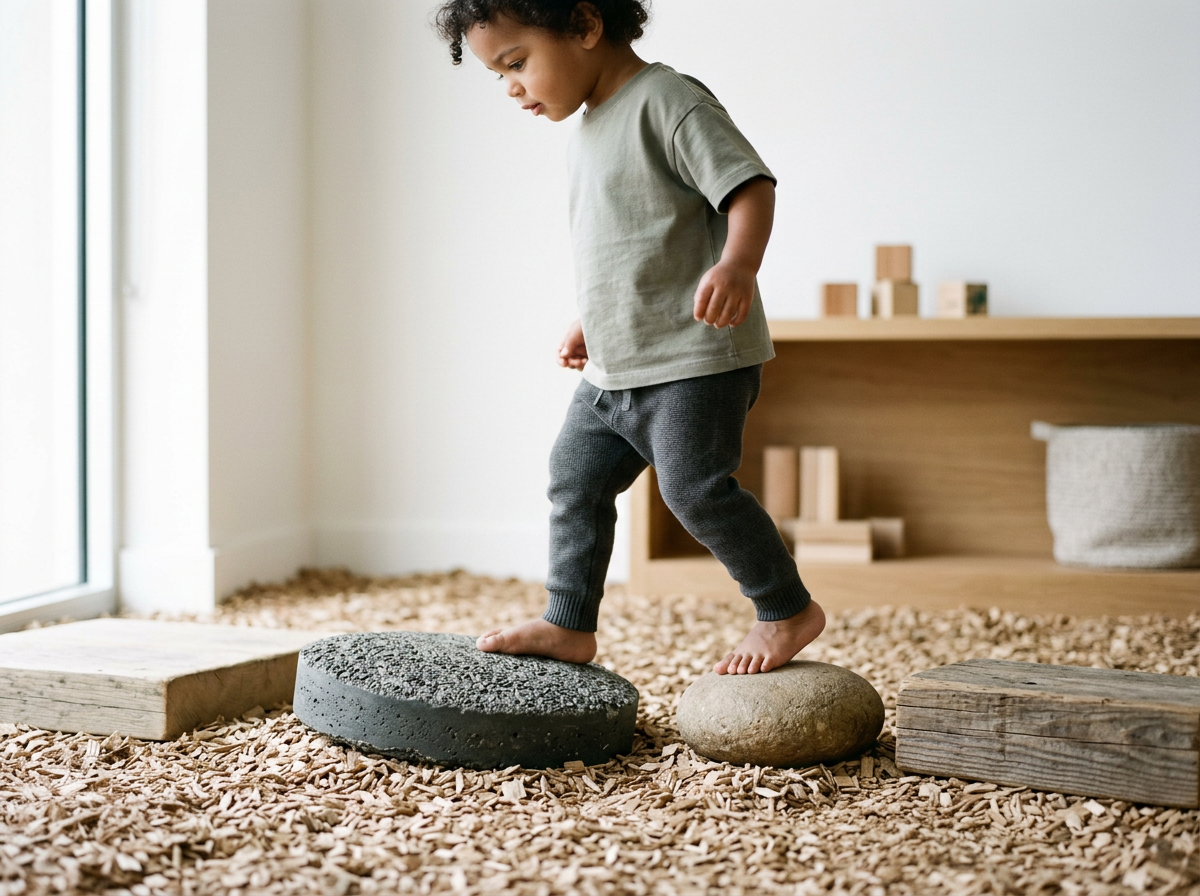 Young child balancing barefoot on a large black stone with one foot and a smaller tan stone with the other, in a playroom with wooden blocks and soft textured flooring.