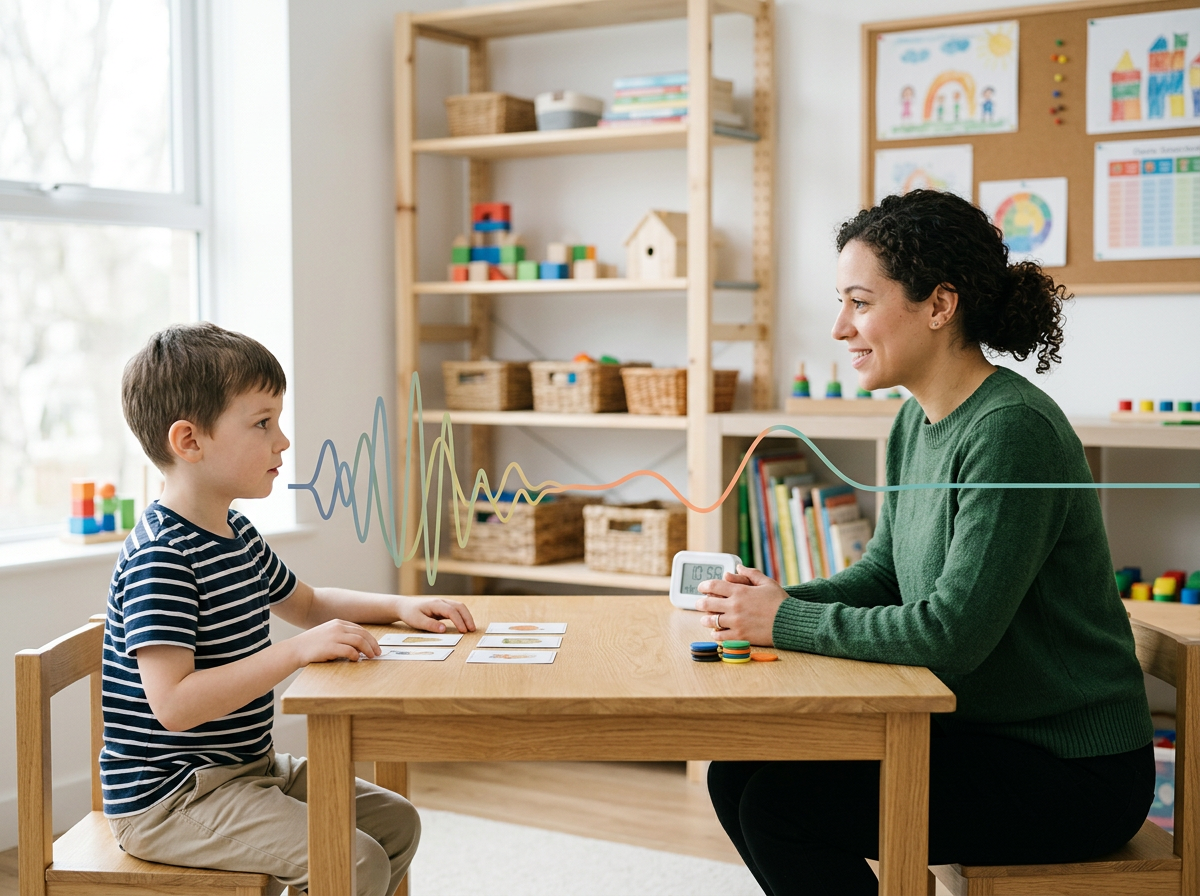 A young boy and a woman, likely a therapist or teacher, playing a card game at a wooden table in a bright, colorful classroom. The woman is smiling, holding a timer, while the boy looks focused. There are shelves with baskets, educational materials, and children's artwork on the walls in the background.