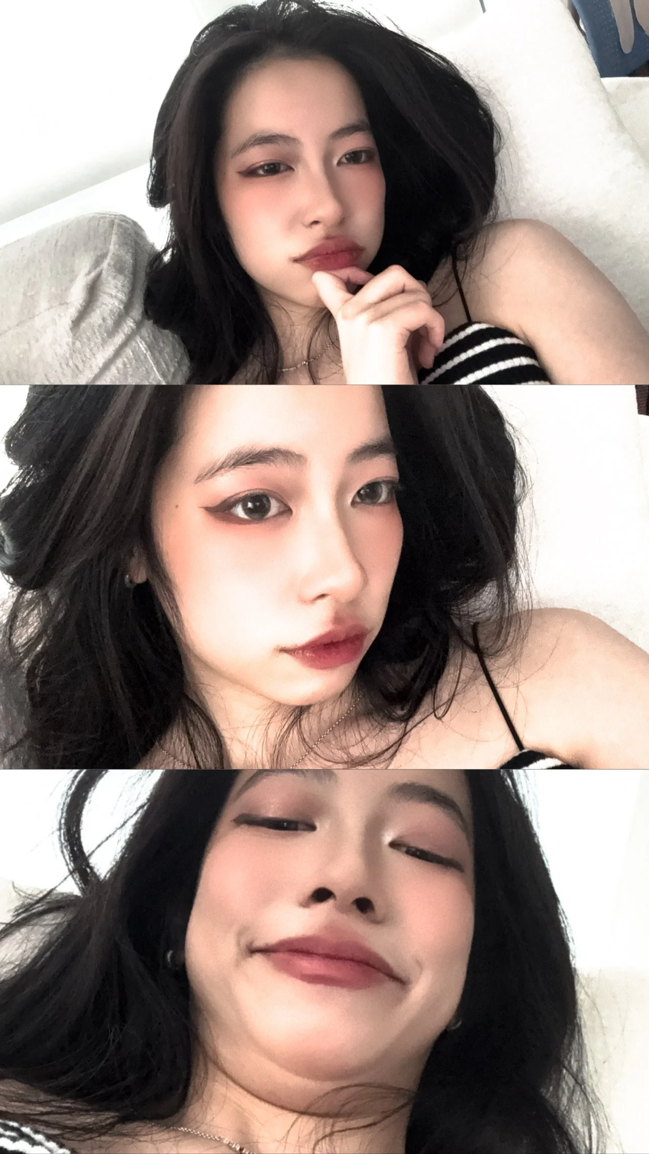 A young woman with dark hair, makeup, and a striped black and white top taking selfies in three different expressions and angles.