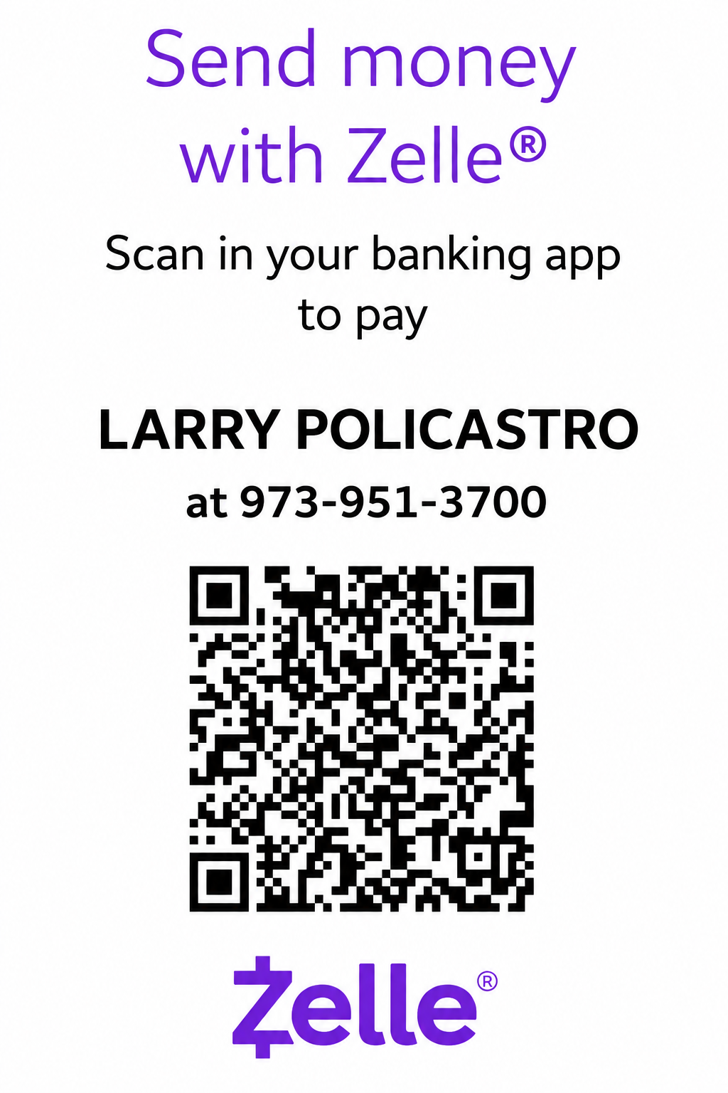 Zelle payment QR code for Hillside Associates client payments.