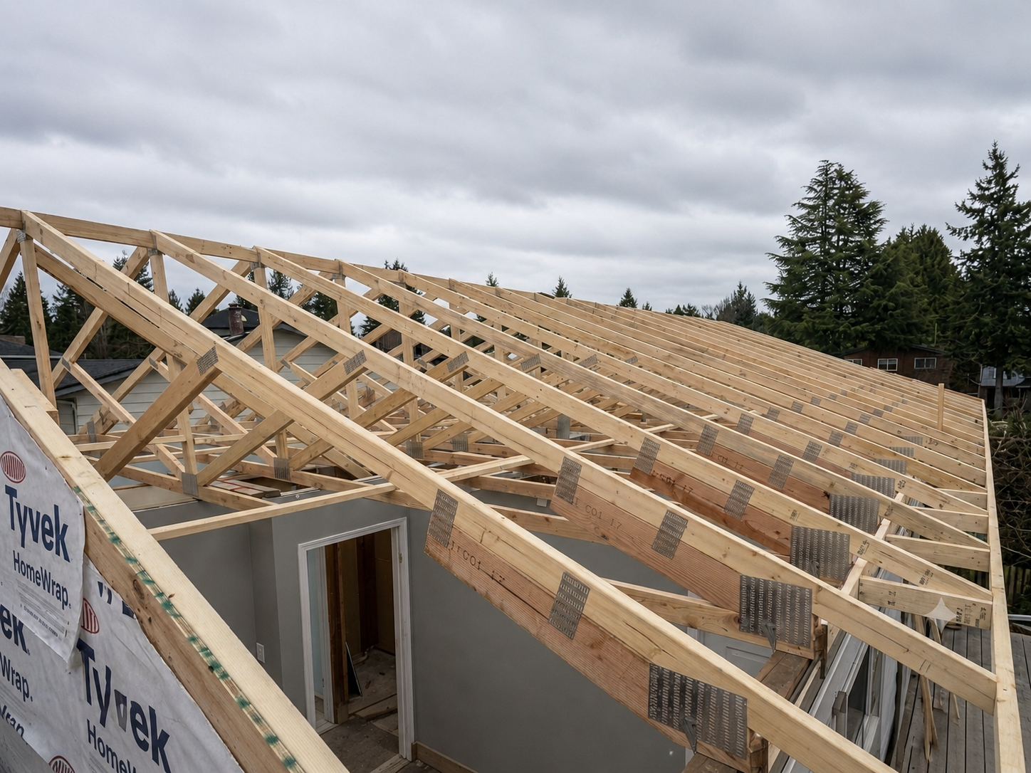 Construction site where a house's roof frame is being built with wooden trusses and rafters on a cloudy day.