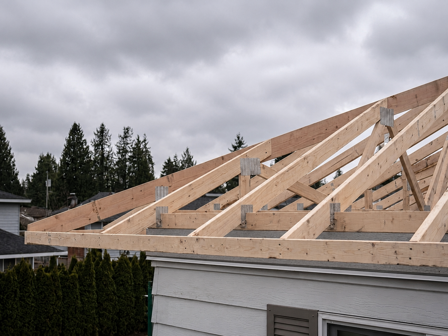 Roof framing under construction with wooden trusses and metal brackets on a residential building, overcast sky.