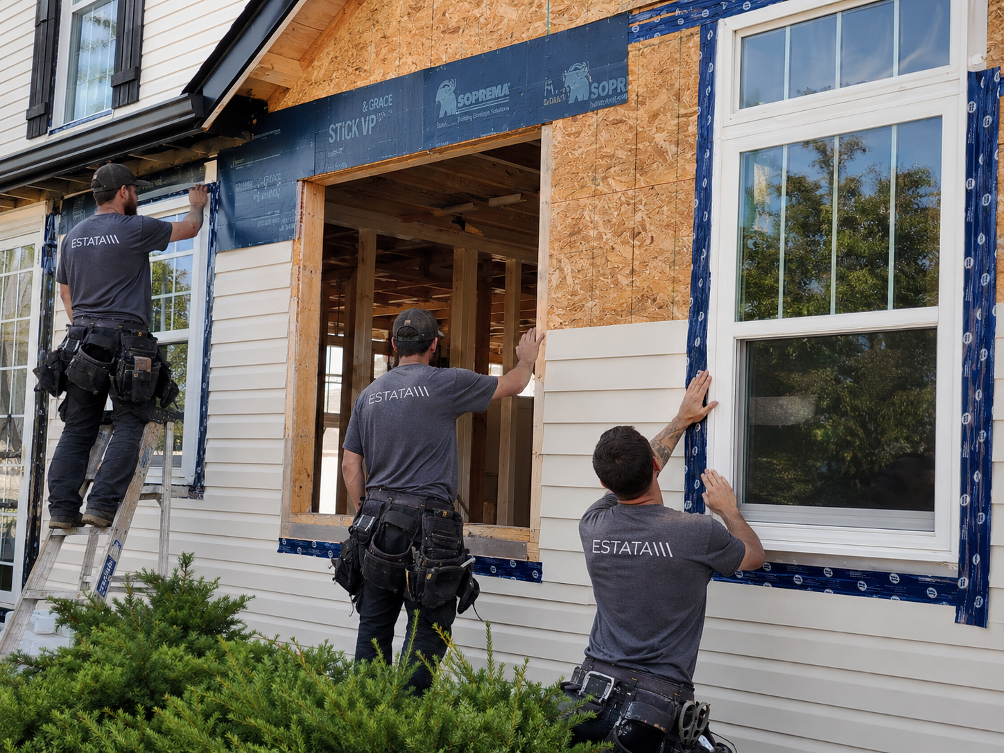 Three construction workers installing siding and window trim on a house under renovation. They are working on an exterior wall with some sections of siding already in place, and others in progress. The workers are wearing gray shirts labeled 'ESTATAIII' and are using tools to attach the siding.