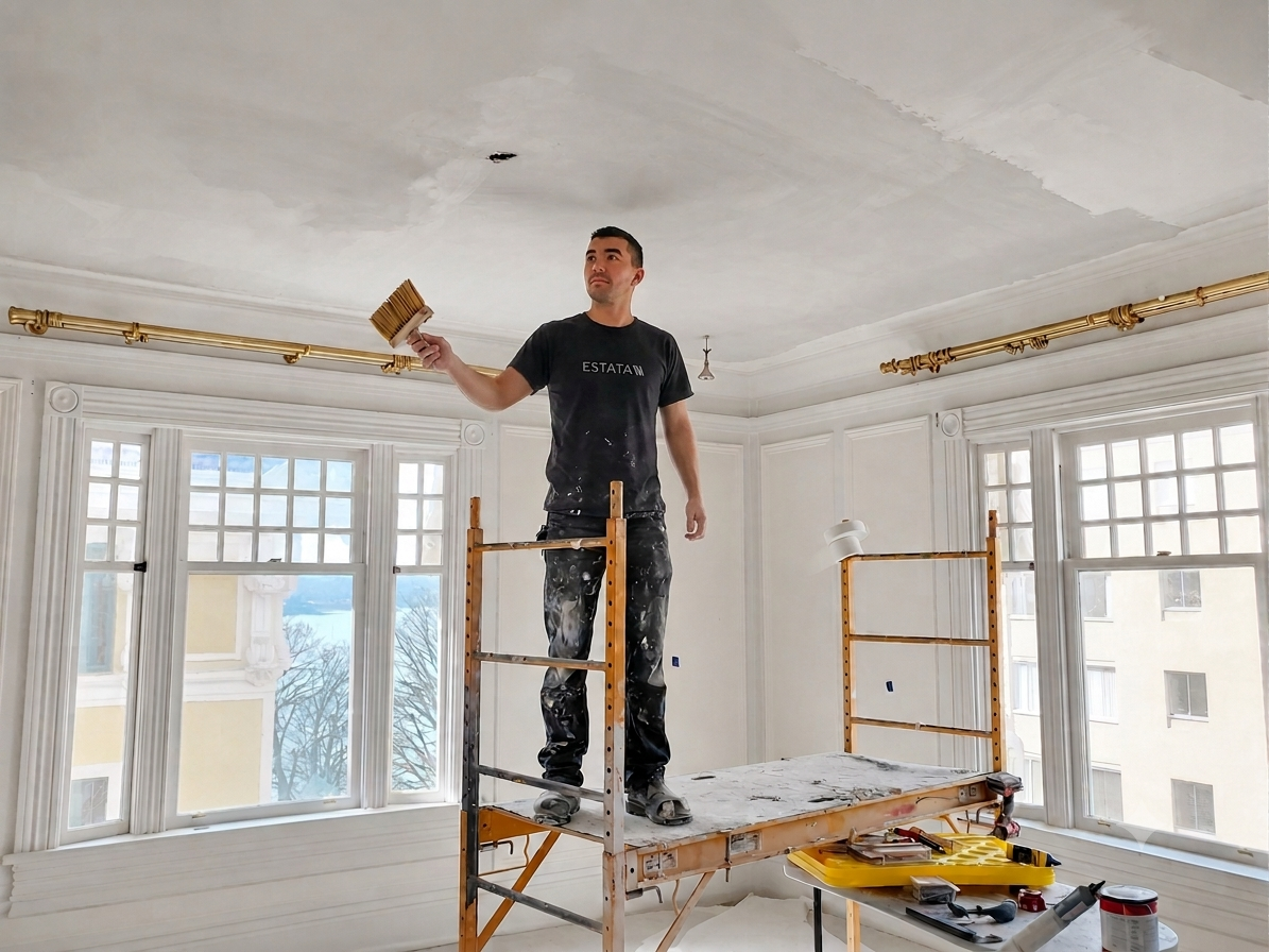 A man standing on a scaffold plastering a ceiling with lime plaster, as part of a city of vancouver heritage project, water damage from a fire above.