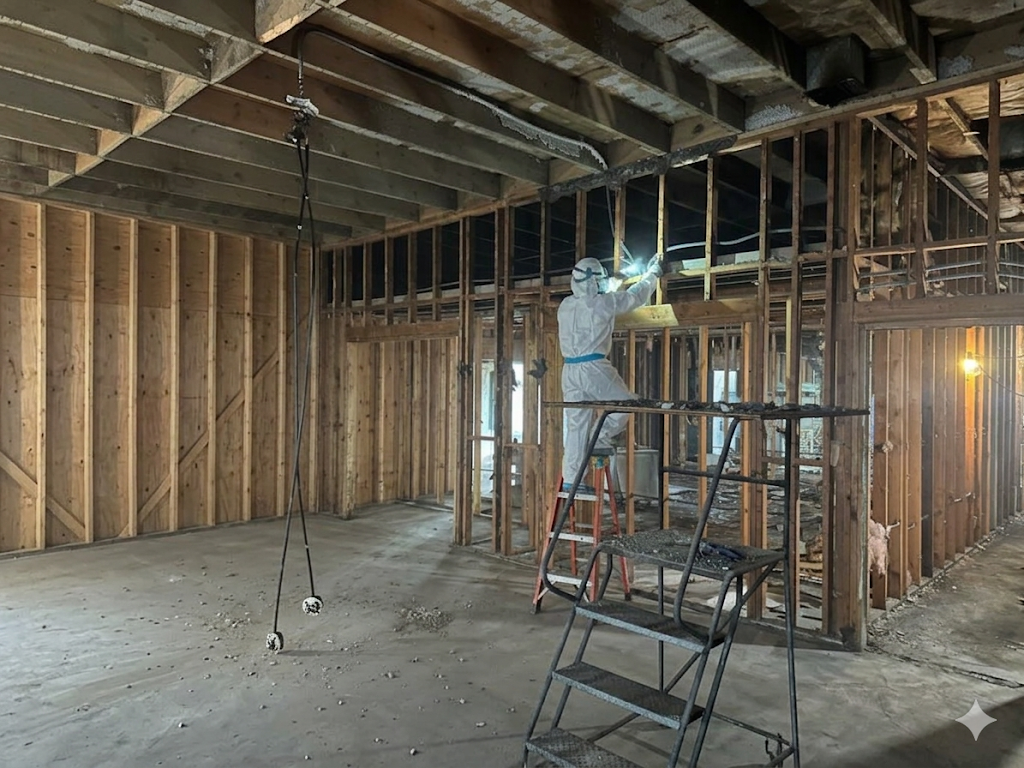 A worker wearing protective gear inspecting the smoke damage in a building that have been stripped of all interior finishing to the exposed wooden framing.