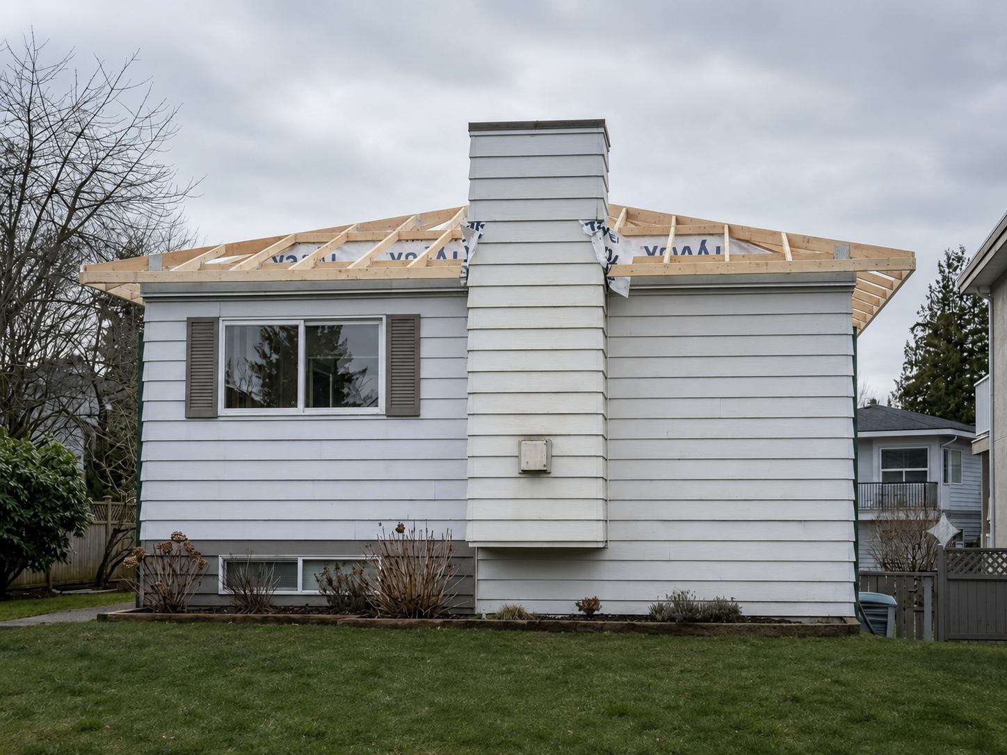A house with white horizontal siding, a window with brown shutters, and siding being replaced on the upper part, with the roof partially under construction and gray sky overhead.
