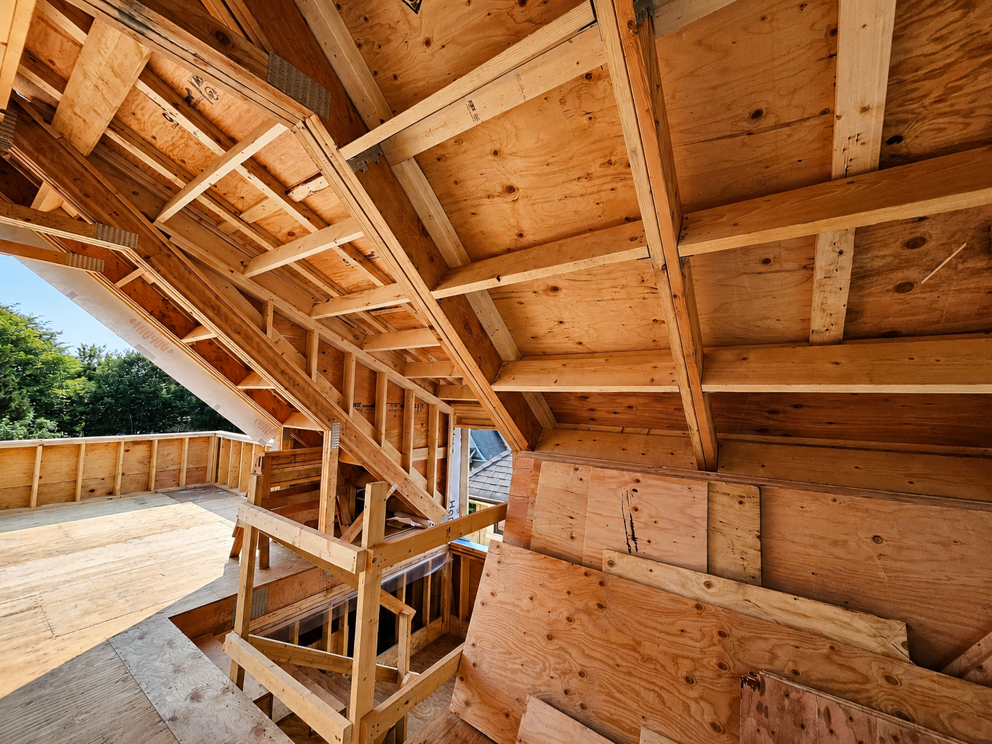 Interior view of a house under construction, showing unfinished wooden framework, stairs, and roof trusses with new plywood wall sheathing.