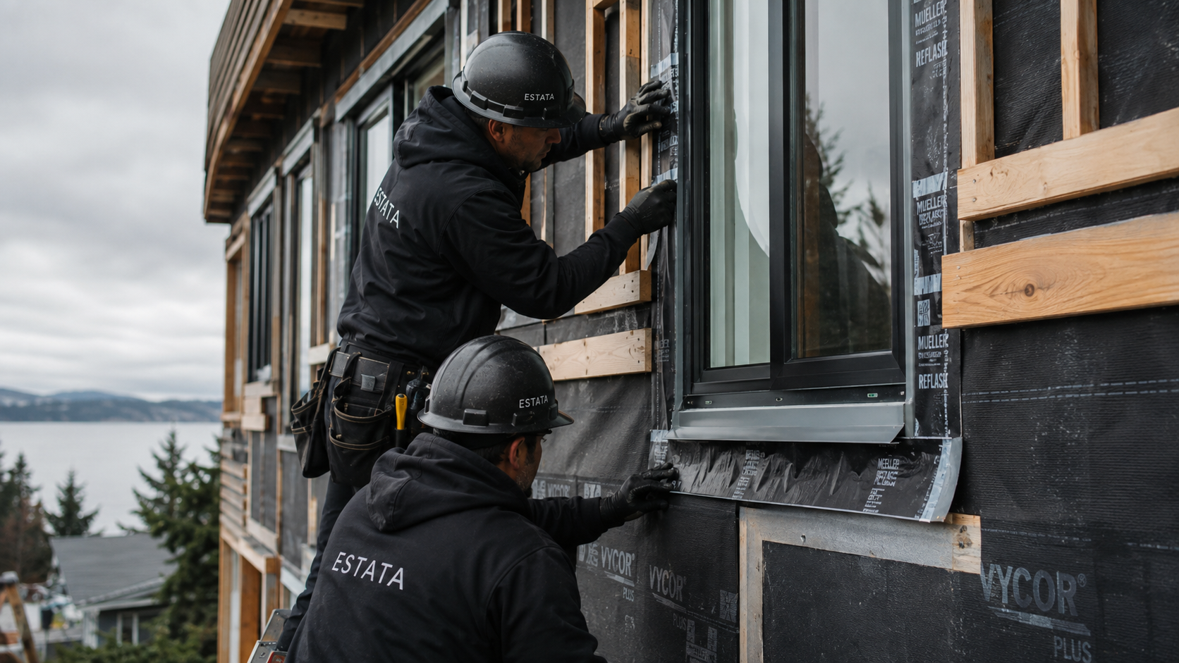 Two construction workers installing or repairing a window on a building exterior. They are wearing black helmets and jackets with 'ESTATA' written on them, working with tools and black safety gloves. The building's exterior includes black sheathing and wooden framing, with a background of trees, water, and cloudy sky.