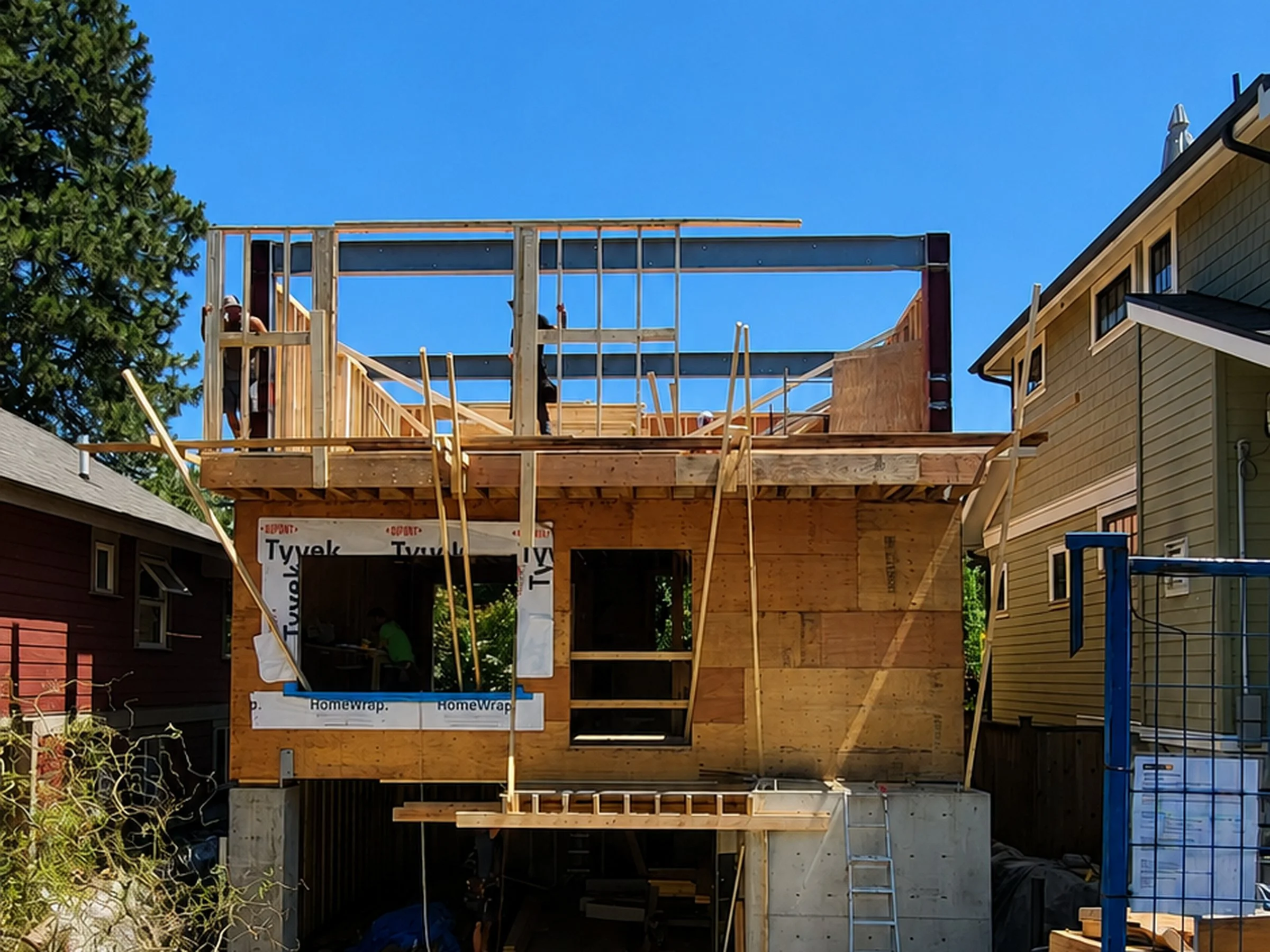 A two-story house under construction with exposed wood framing, plywood sheathing, and a partially completed roof. There are neighboring houses on either side, trees, and a clear blue sky.