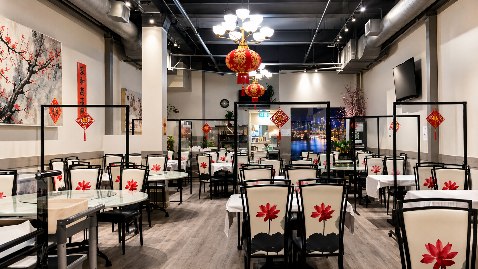 A restaurant decorated for a Chinese celebration with red lanterns and red diamond-shaped decorations hanging from black frames. White tables with floral tablecloths and chairs with floral designs are arranged neatly. Lanterns hang from the ceiling, and a large cityscape mural is visible in the background.