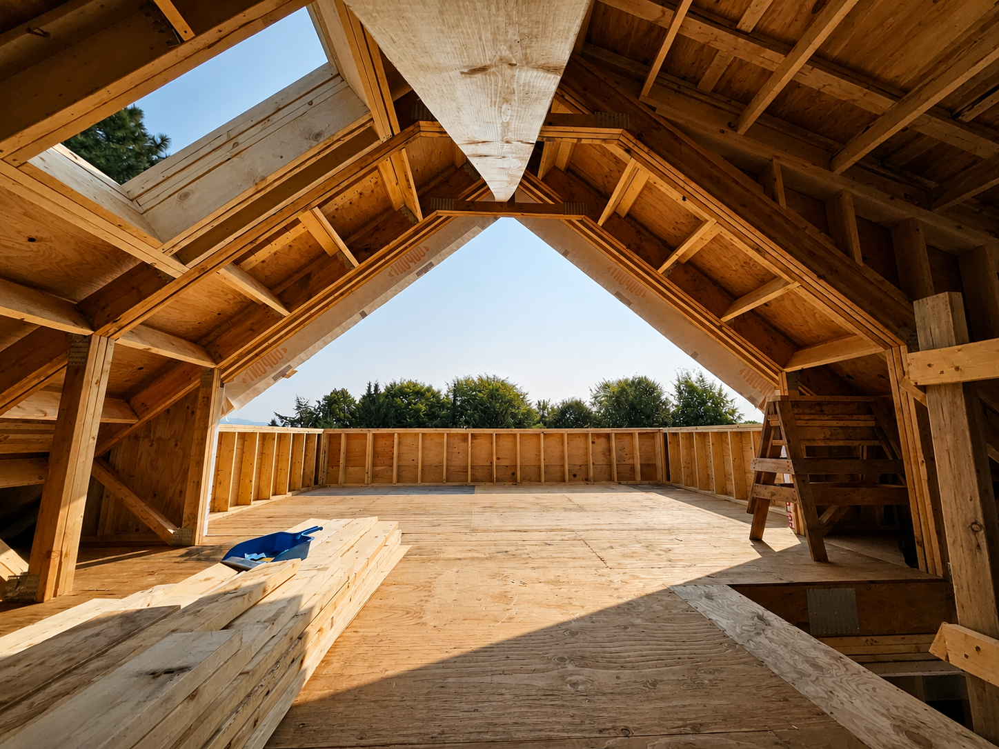 View of a house under construction with exposed wooden framing and a partially built roof, overlooking trees and a clear blue sky.