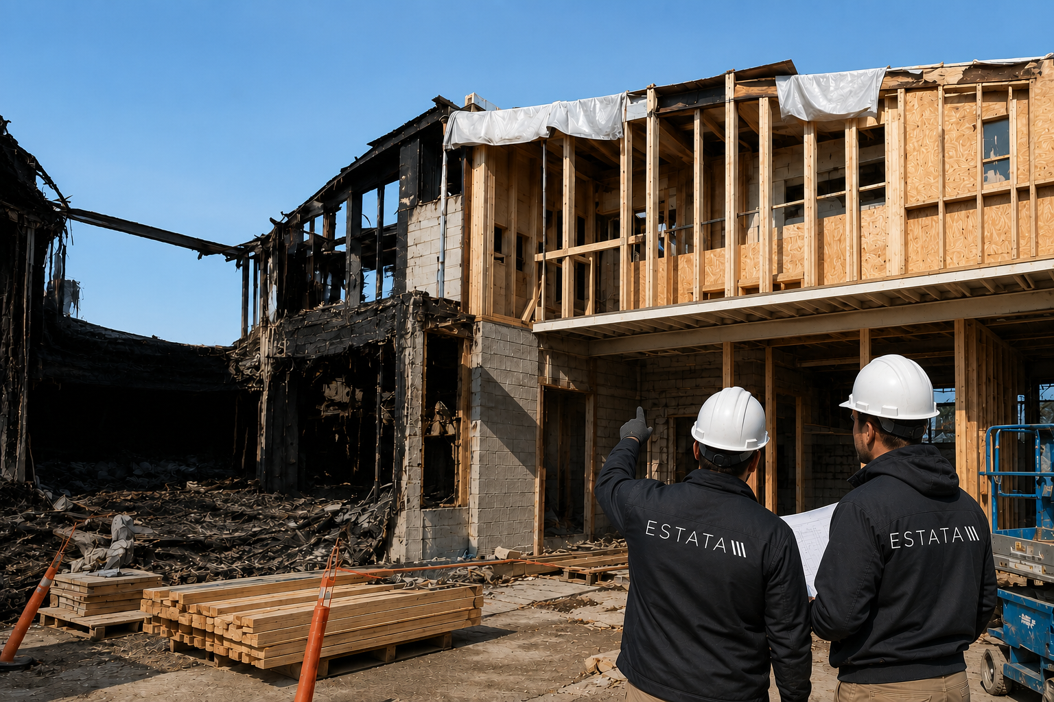 Two construction workers in safety helmets and jackets labeled 'ESTATA' review a building site with a partially constructed multi-story wooden frame. The left side of the building shows charred and burned remains of a structure, contrasting with the new wooden framing on the right side.