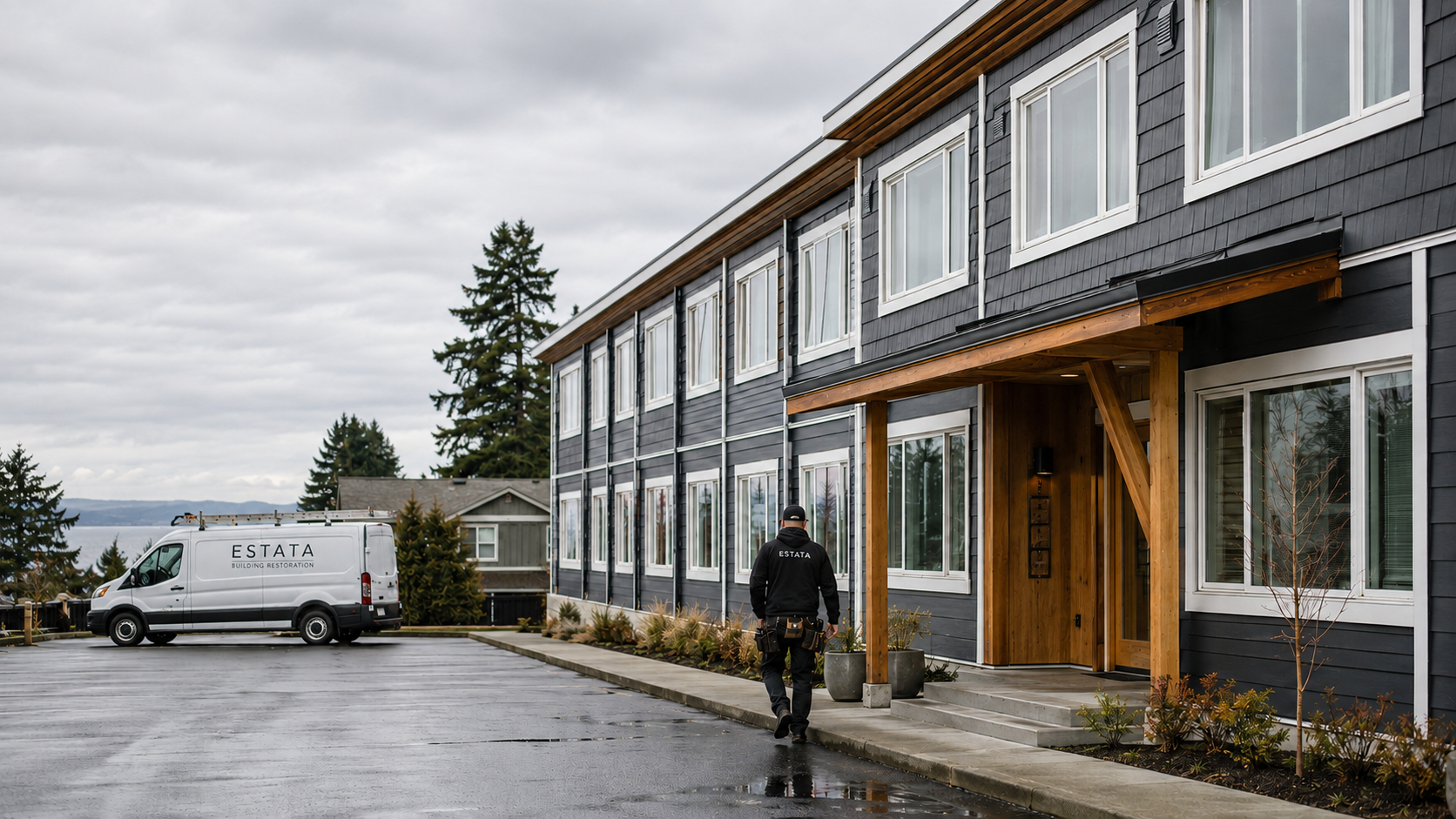 A worker walks towards a modern multi-story building with dark siding and large windows. A white van labeled 'ESTATA Building Restoration' is parked on an empty wet parking lot. The background shows trees and a cloudy sky.