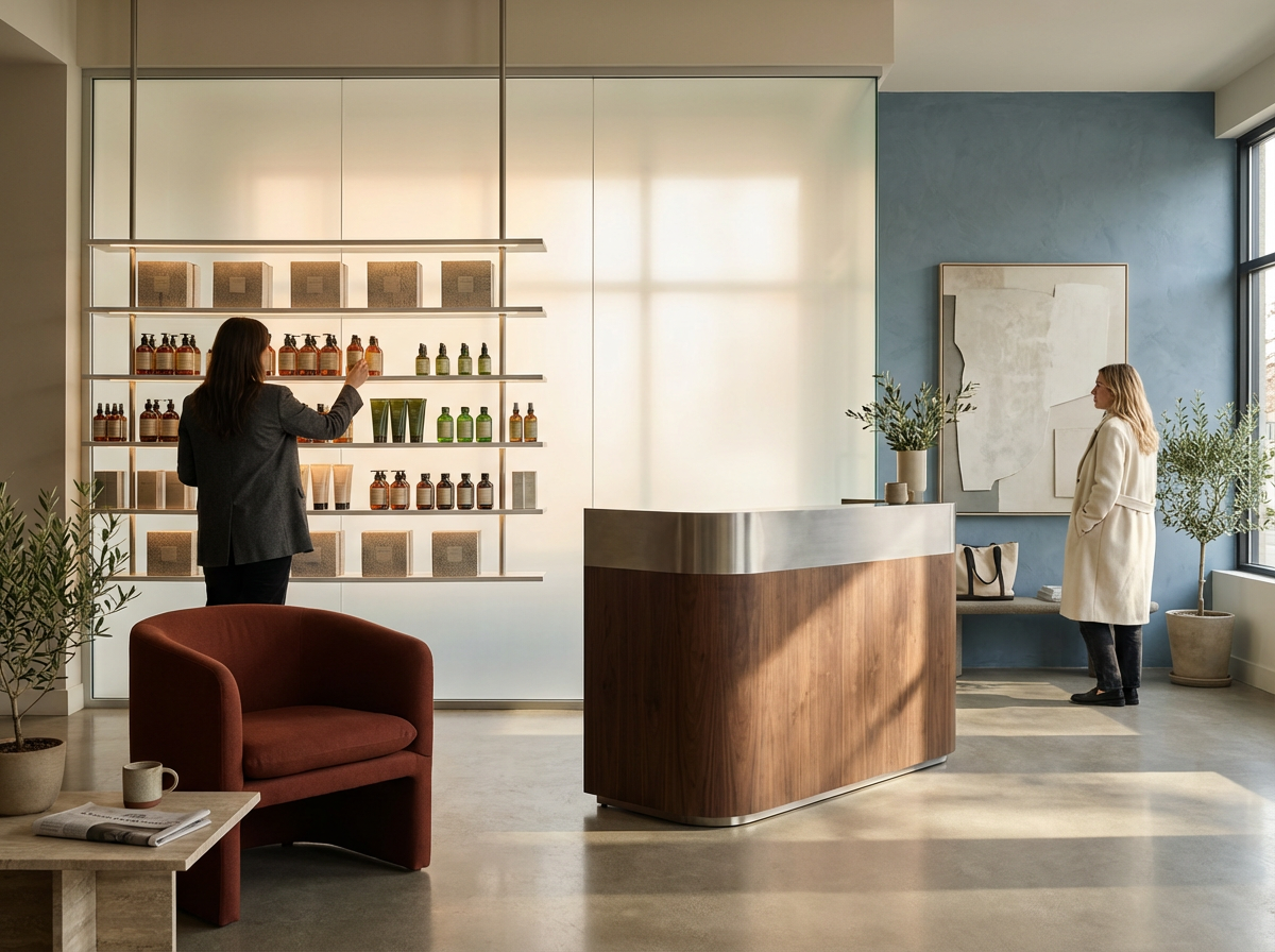 Interior of a modern store with a white wall shelving unit displaying bottles and boxes, a blue wall with abstract art, a marble-topped wood reception desk, and two women, one browsing the shelves and the other standing near the window with plants.