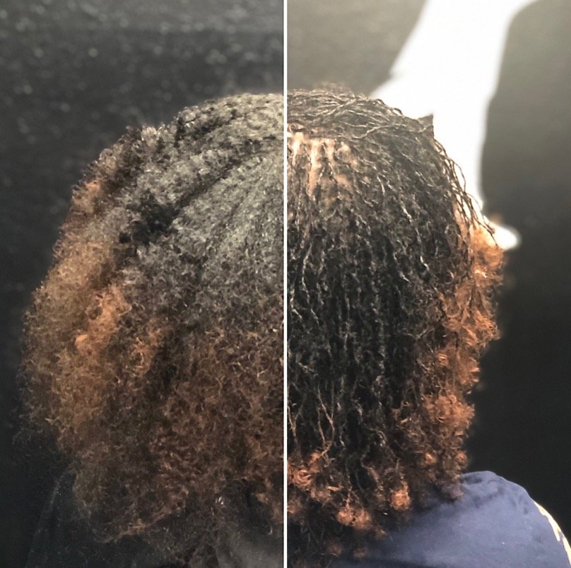 Side-by-side comparison of the same person's hair, showing before and after hair treatments. The left side depicts frizzy, unstyled hair, while the right side shows styled, defined curls with a smoother appearance.